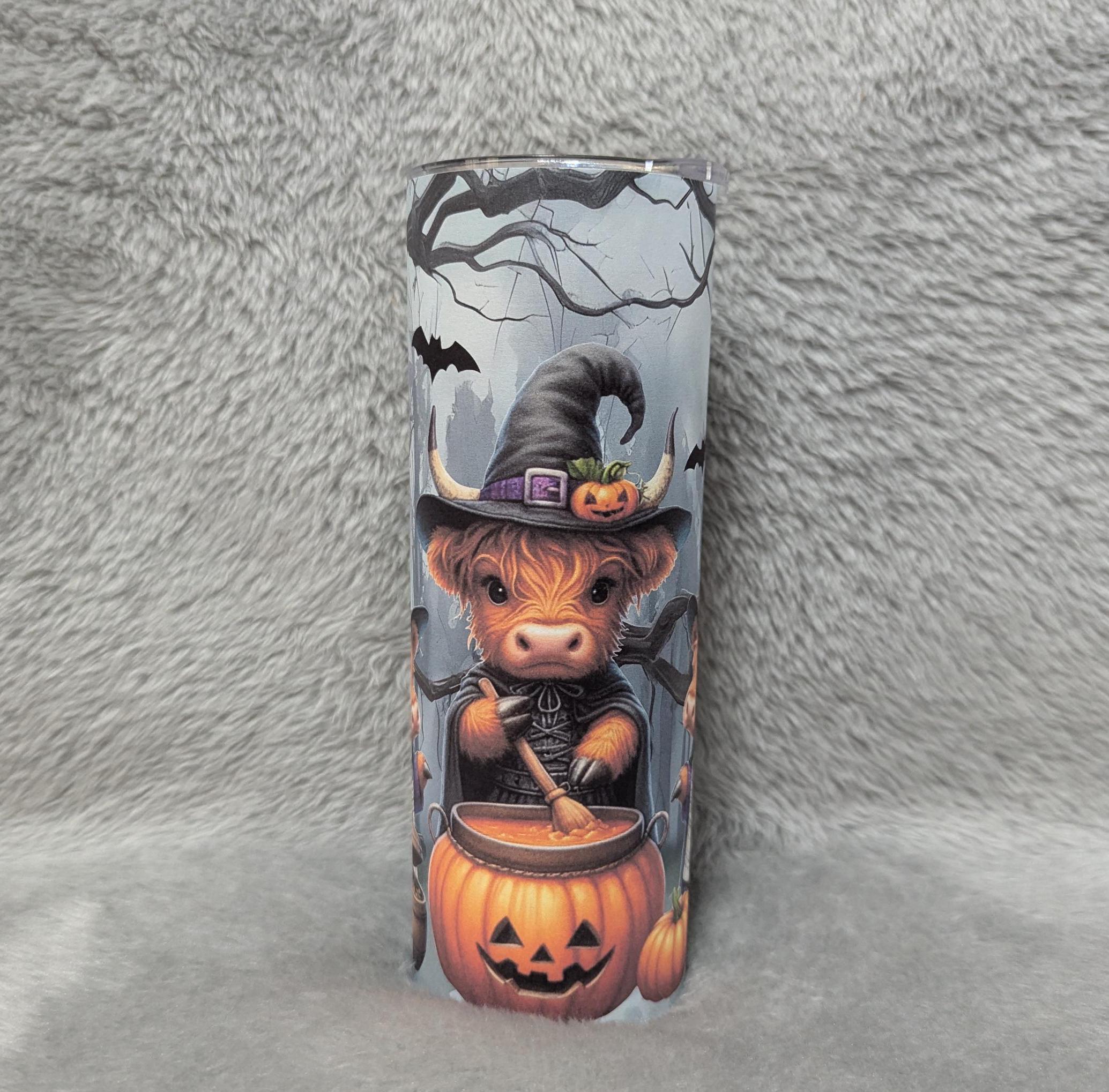 Halloween Highland Cow Witches Tumbler Can be Personalized, Perfect for Halloween Lovers, 20oz Tumbler With Reusable Straw