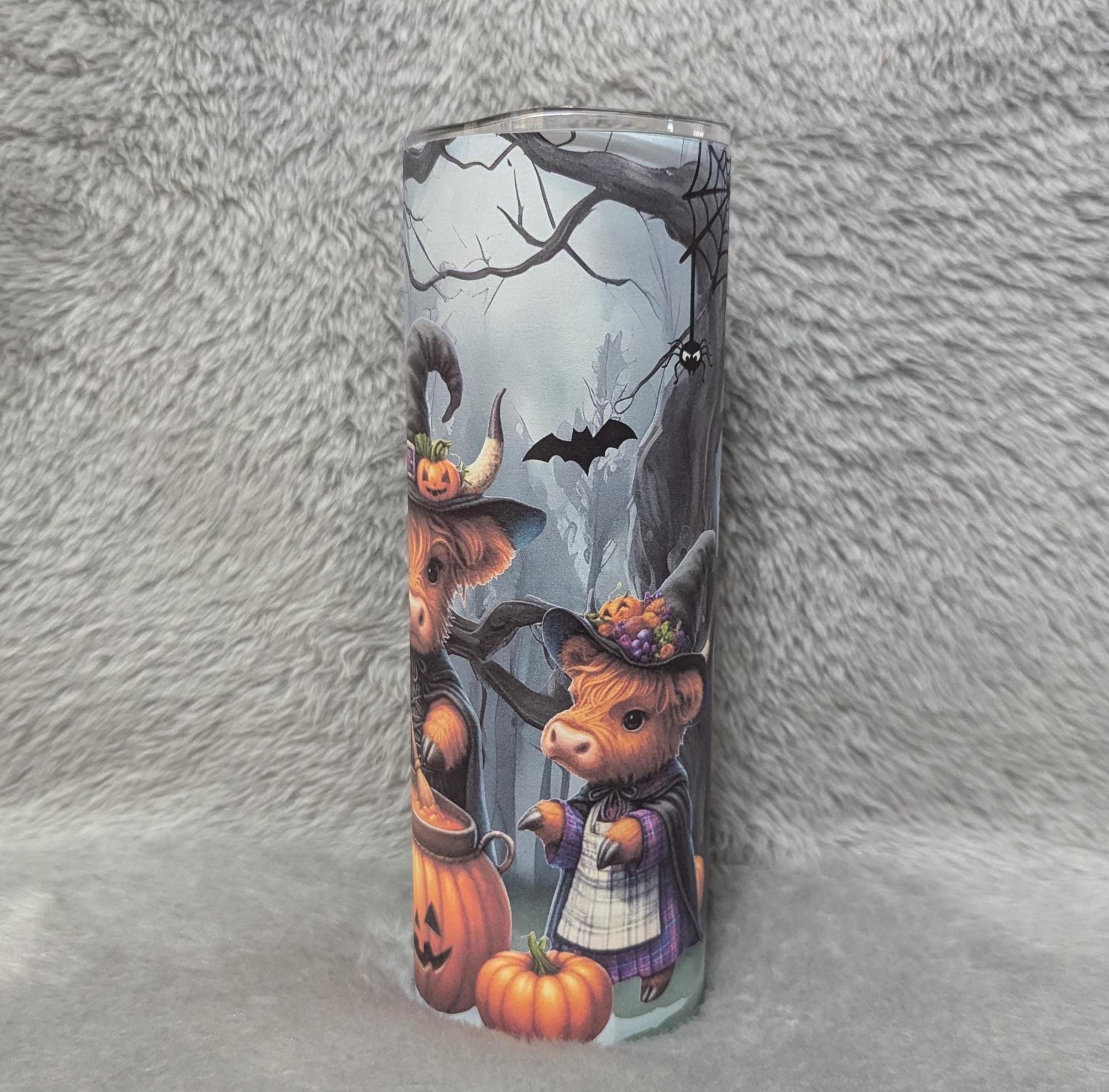 Halloween Highland Cow Witches Tumbler Can be Personalized, Perfect for Halloween Lovers, 20oz Tumbler With Reusable Straw