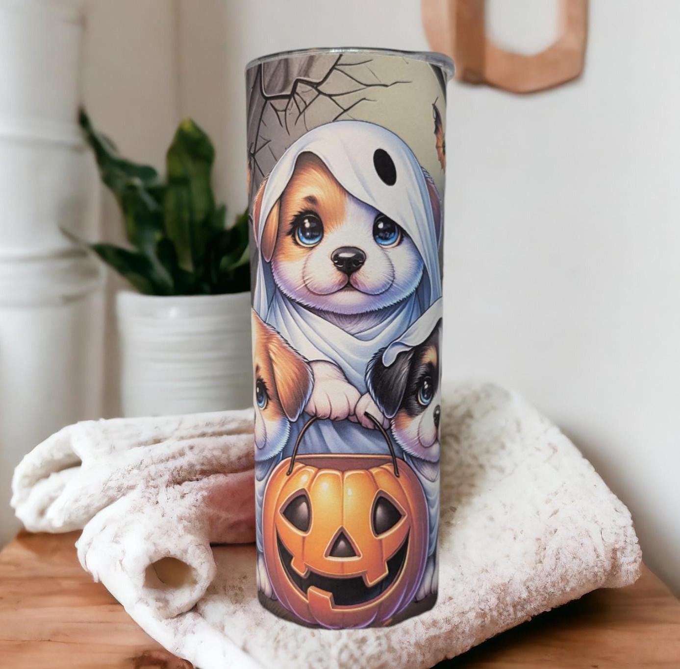 Cute Halloween Puppies 20oz Tumbler Can Be Personalized, Ghost Puppy Tumbler, Halloween Gift, Includes A Straw, Halloween Party Gift For Her
