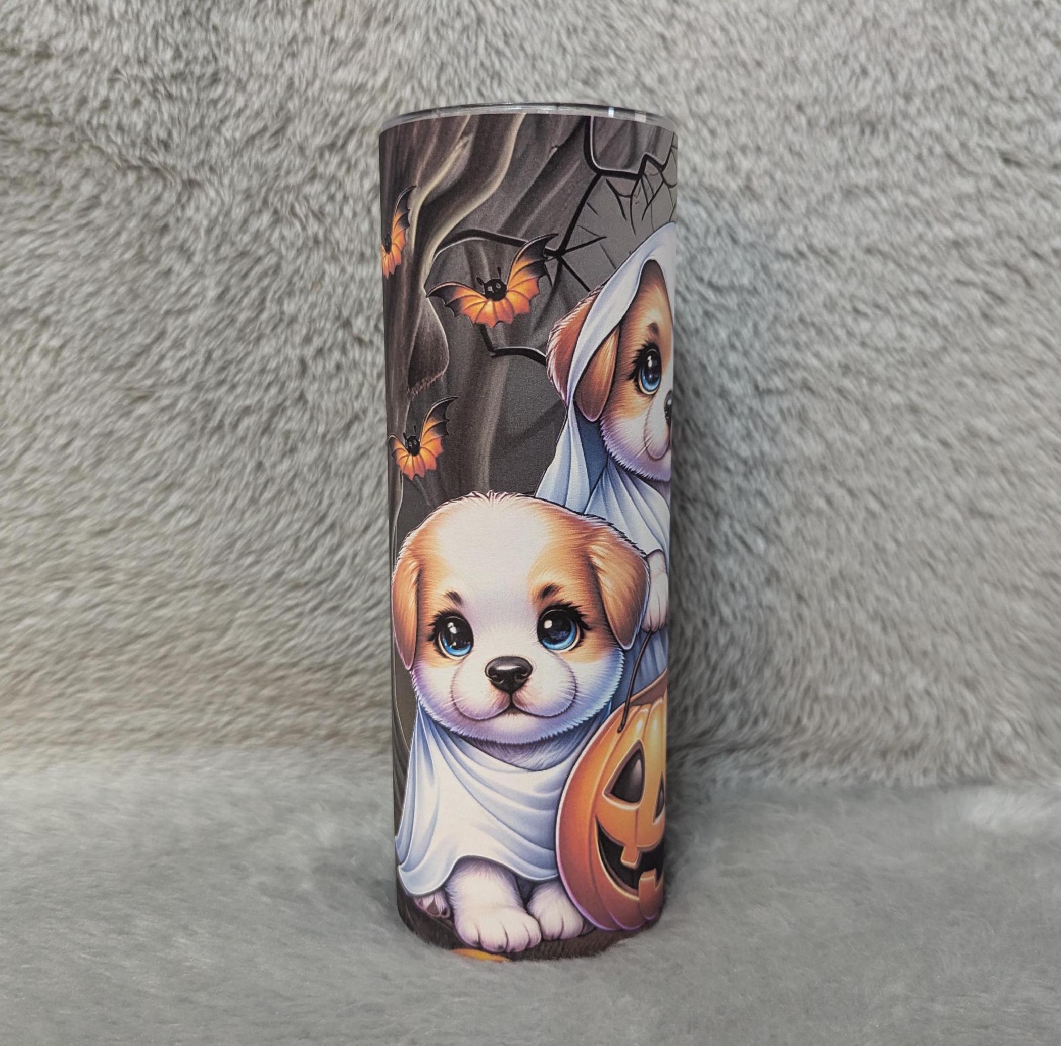 Cute Halloween Puppies 20oz Tumbler Can Be Personalized, Ghost Puppy Tumbler, Halloween Gift, Includes A Straw, Halloween Party Gift For Her
