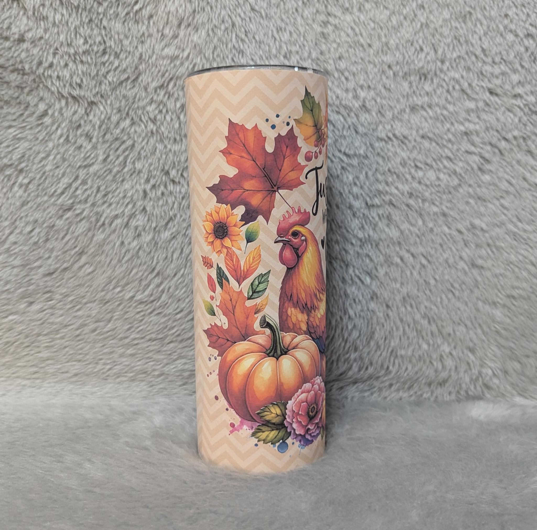 Just A Girl Who Loves Fall and Chickens 20oz Tumbler Can Be Personalized, Great For Hot Or Cold Drinks - Home Or On The Go