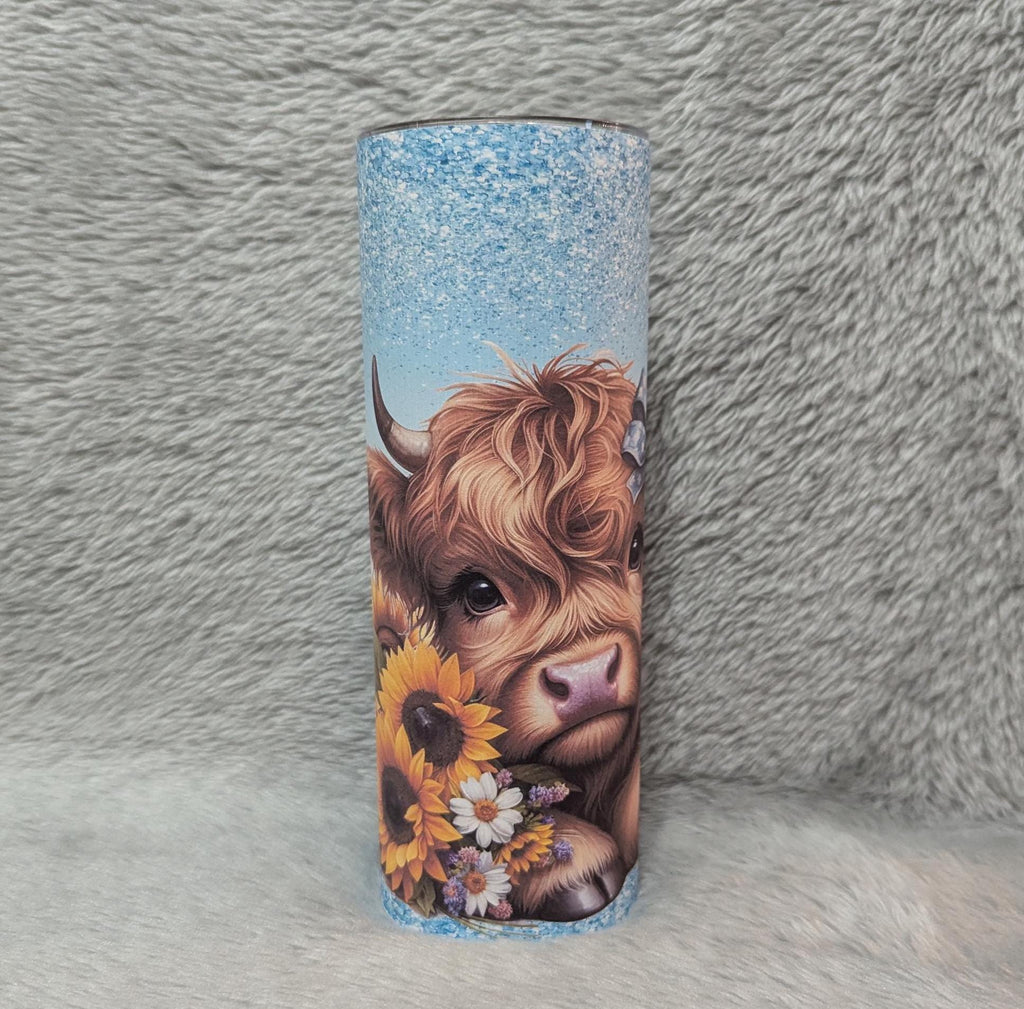 Highland Cow With Sunflowers and A Pretty Glitter Design 20oz Tumbler Can Be Personalized, Highland Cow Lover's Gift, Includes Lid and Straw