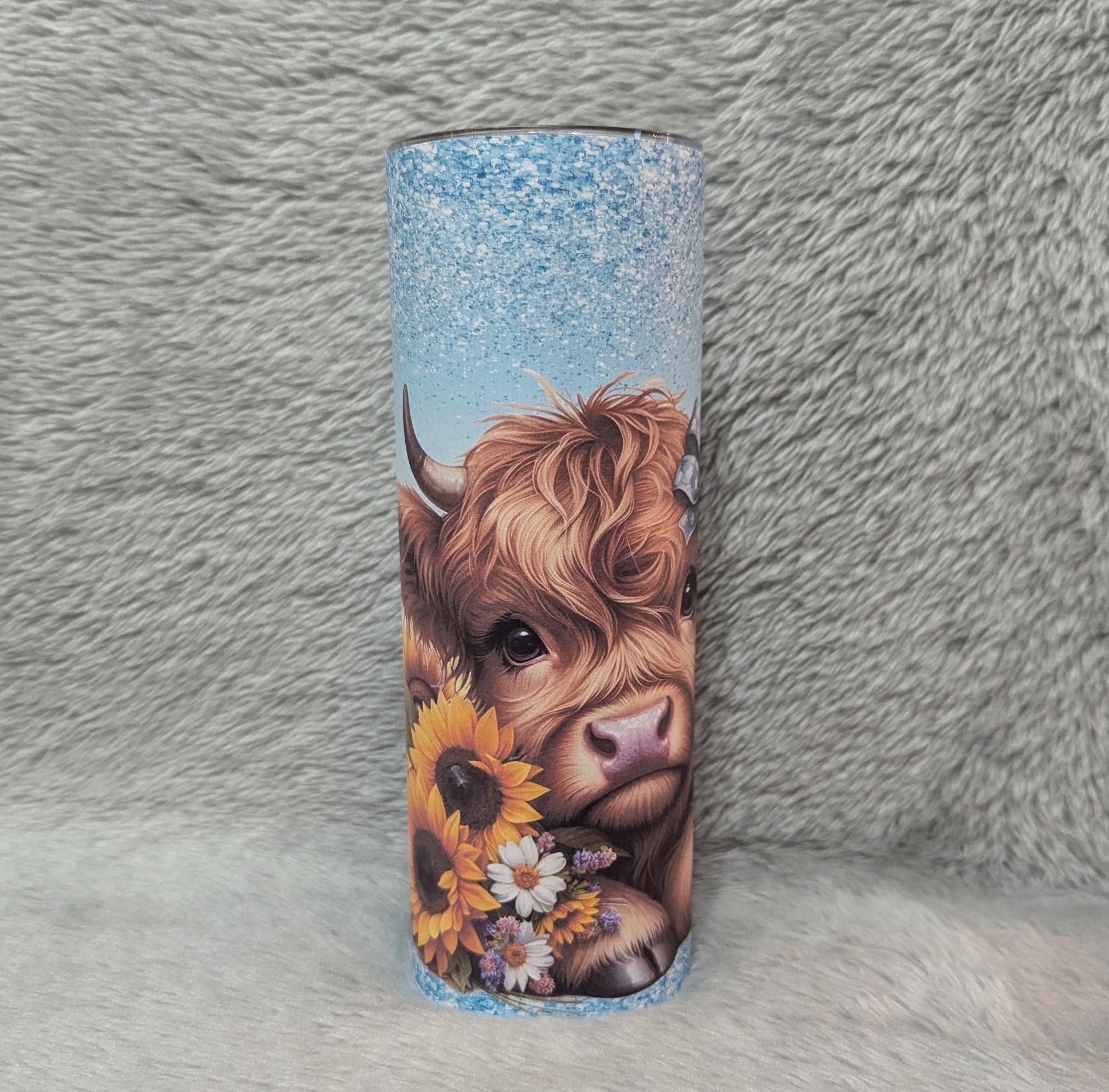 Highland Cow With Sunflowers and A Pretty Glitter Design 20oz Tumbler Can Be Personalized, Highland Cow Lover's Gift, Includes Lid and Straw