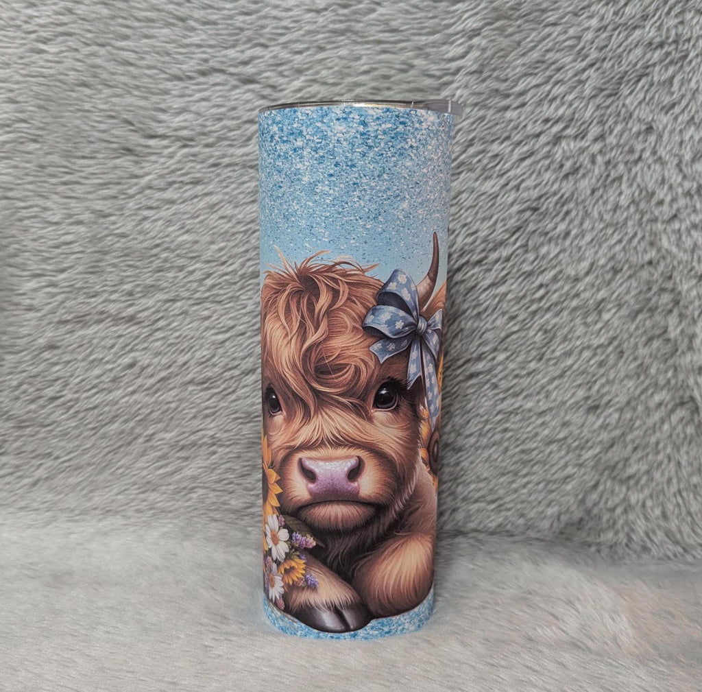 Highland Cow With Sunflowers and A Pretty Glitter Design 20oz Tumbler Can Be Personalized, Highland Cow Lover's Gift, Includes Lid and Straw
