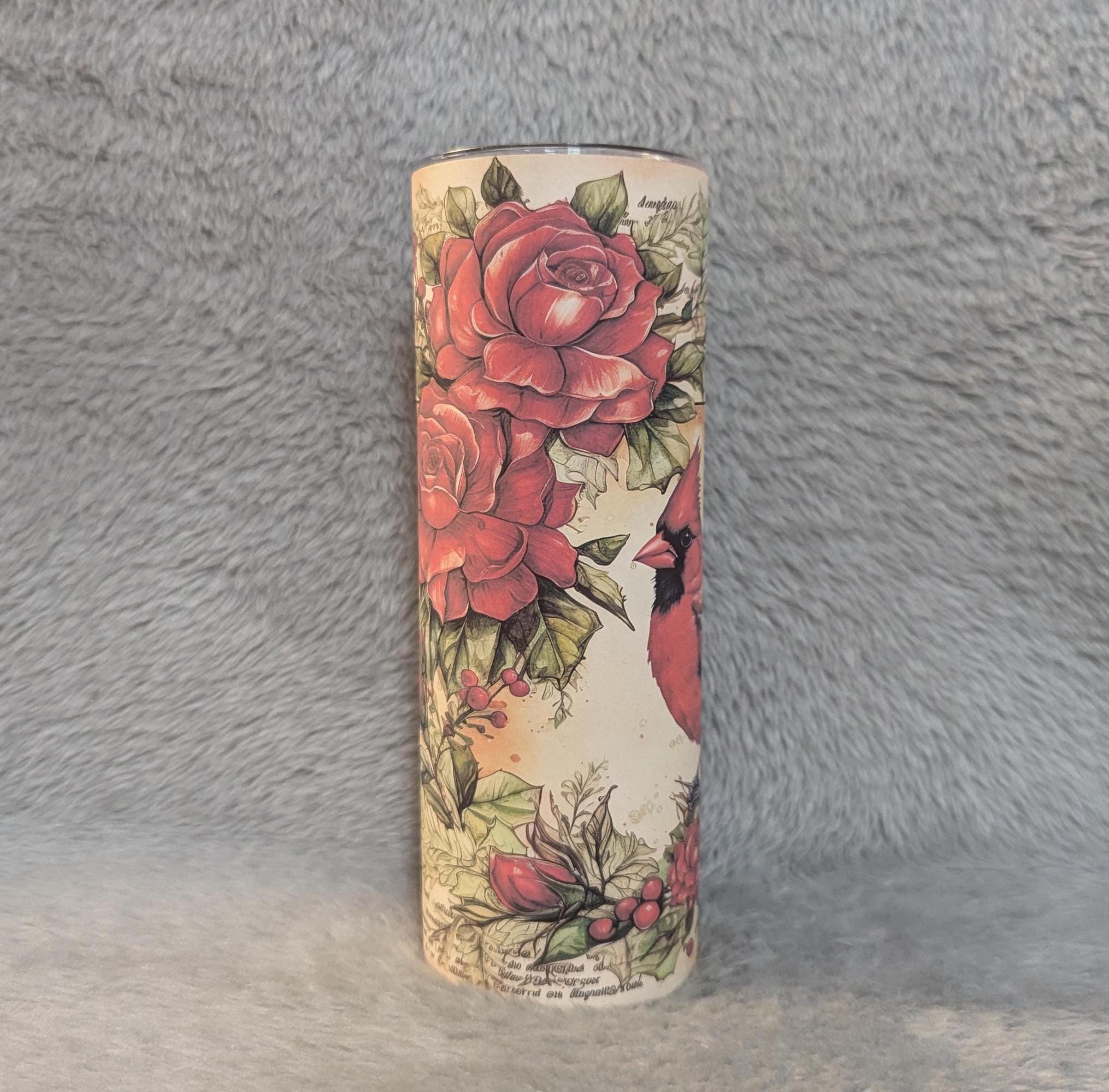 Cardinal With A Journal Page Background Tumbler, Can Be Personalized, Red Cardinal Tumbler, Cardinal Cup, Gift For Her