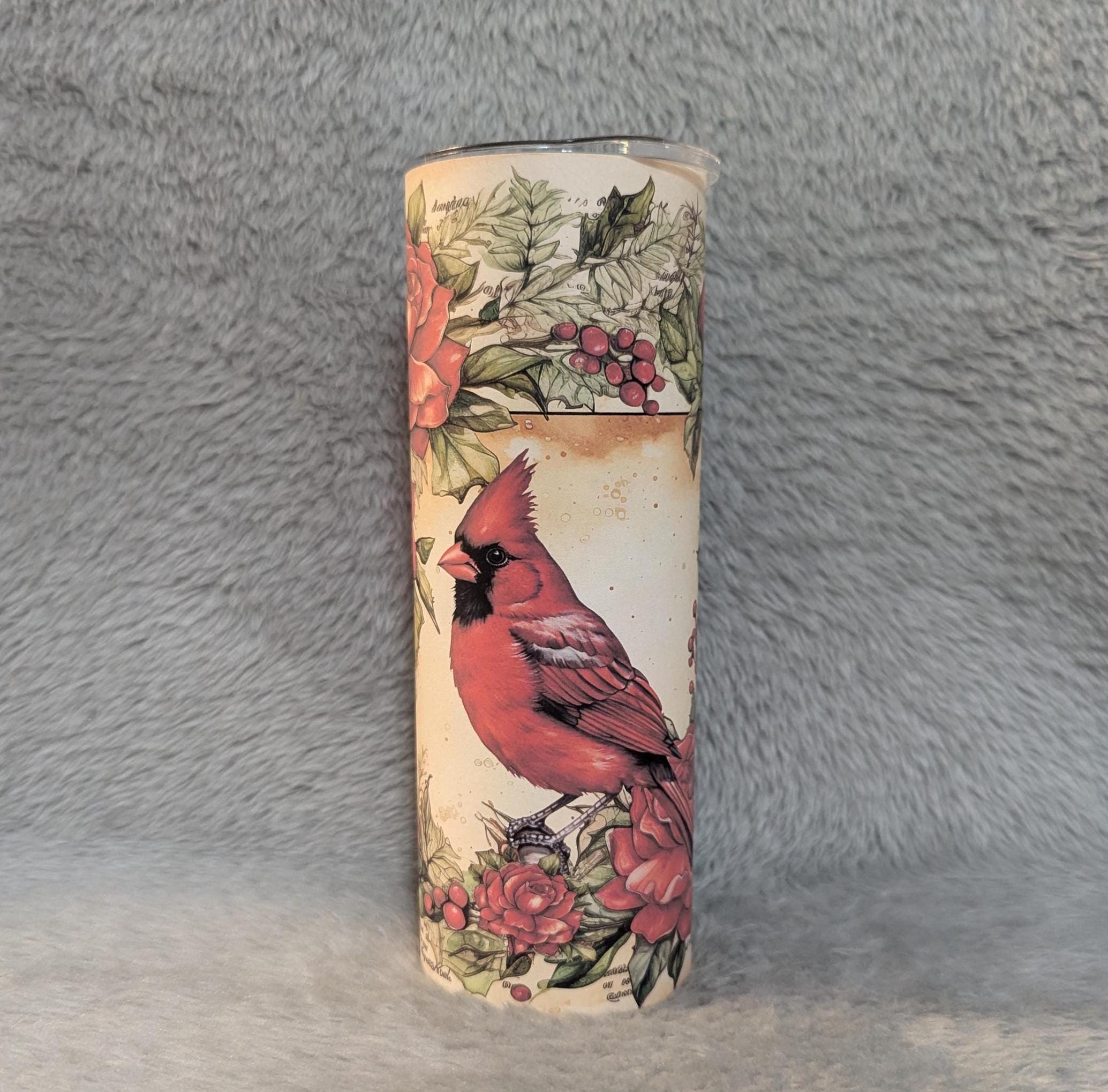 Cardinal With A Journal Page Background Tumbler, Can Be Personalized, Red Cardinal Tumbler, Cardinal Cup, Gift For Her