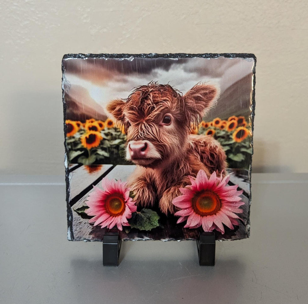 Highland Cow Calf Slate Picture With Display Legs