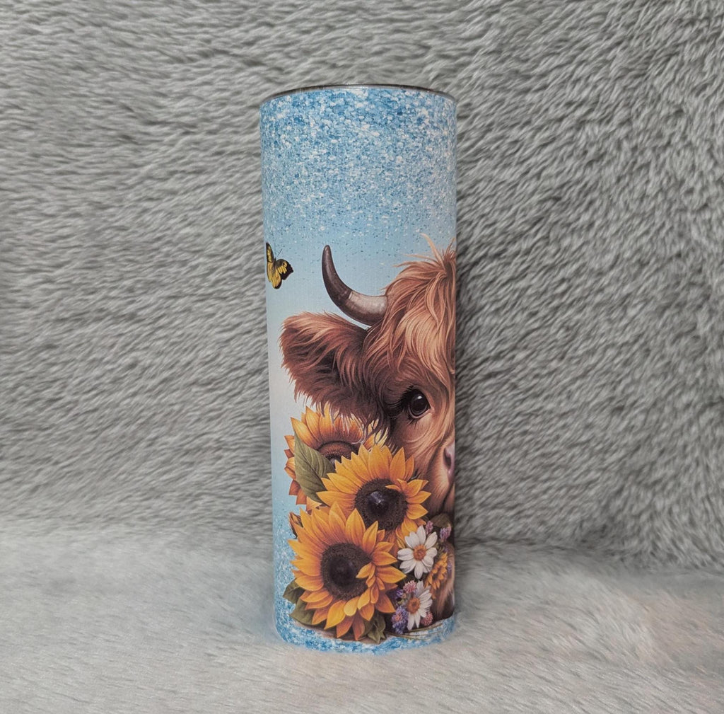 Highland Cow With Sunflowers and A Pretty Glitter Design 20oz Tumbler Can Be Personalized, Highland Cow Lover's Gift, Includes Lid and Straw