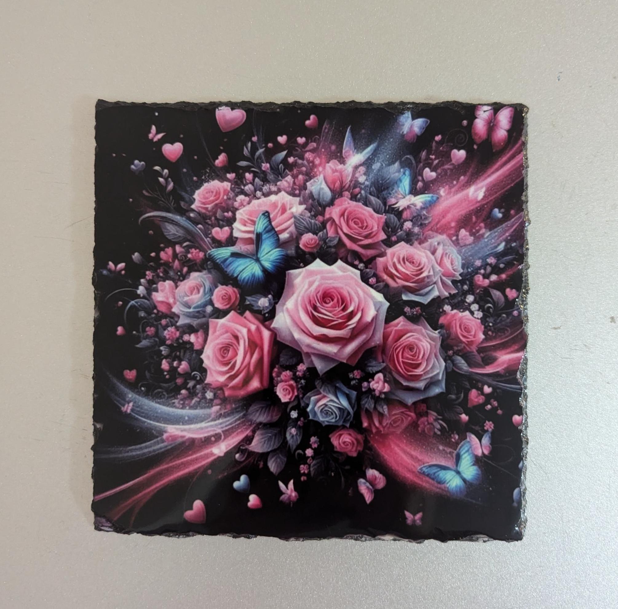Pink Rose Slate Picture With Display Legs