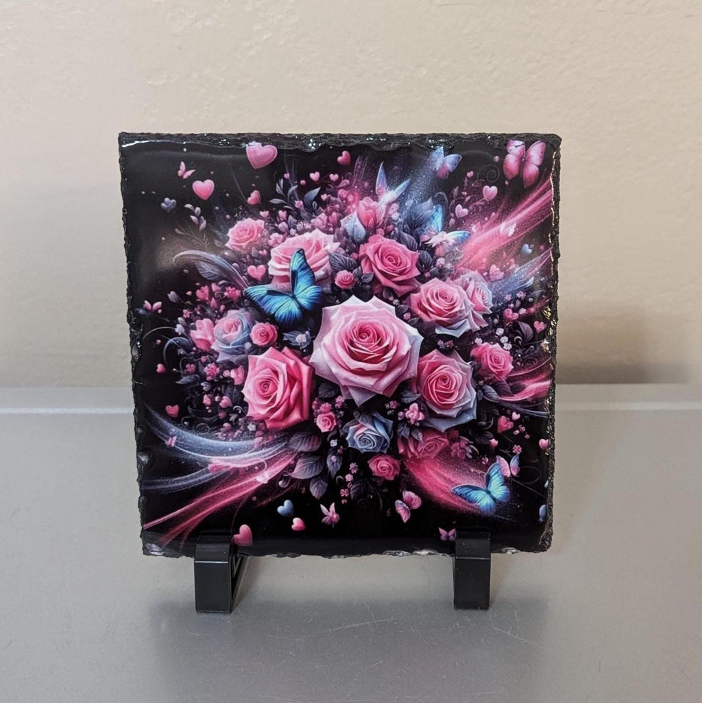 Pink Rose Slate Picture With Display Legs