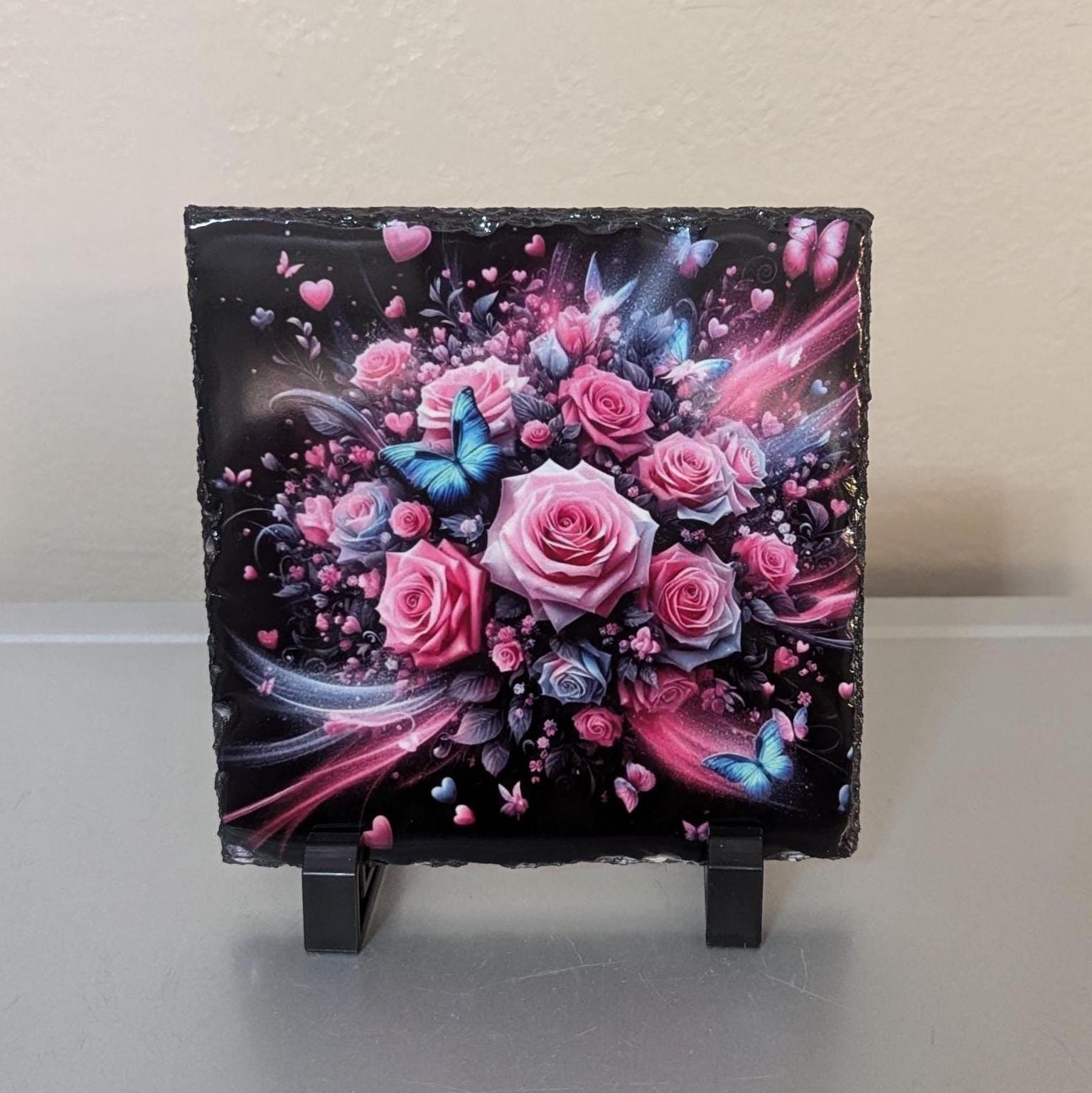 Pink Rose Slate Picture With Display Legs