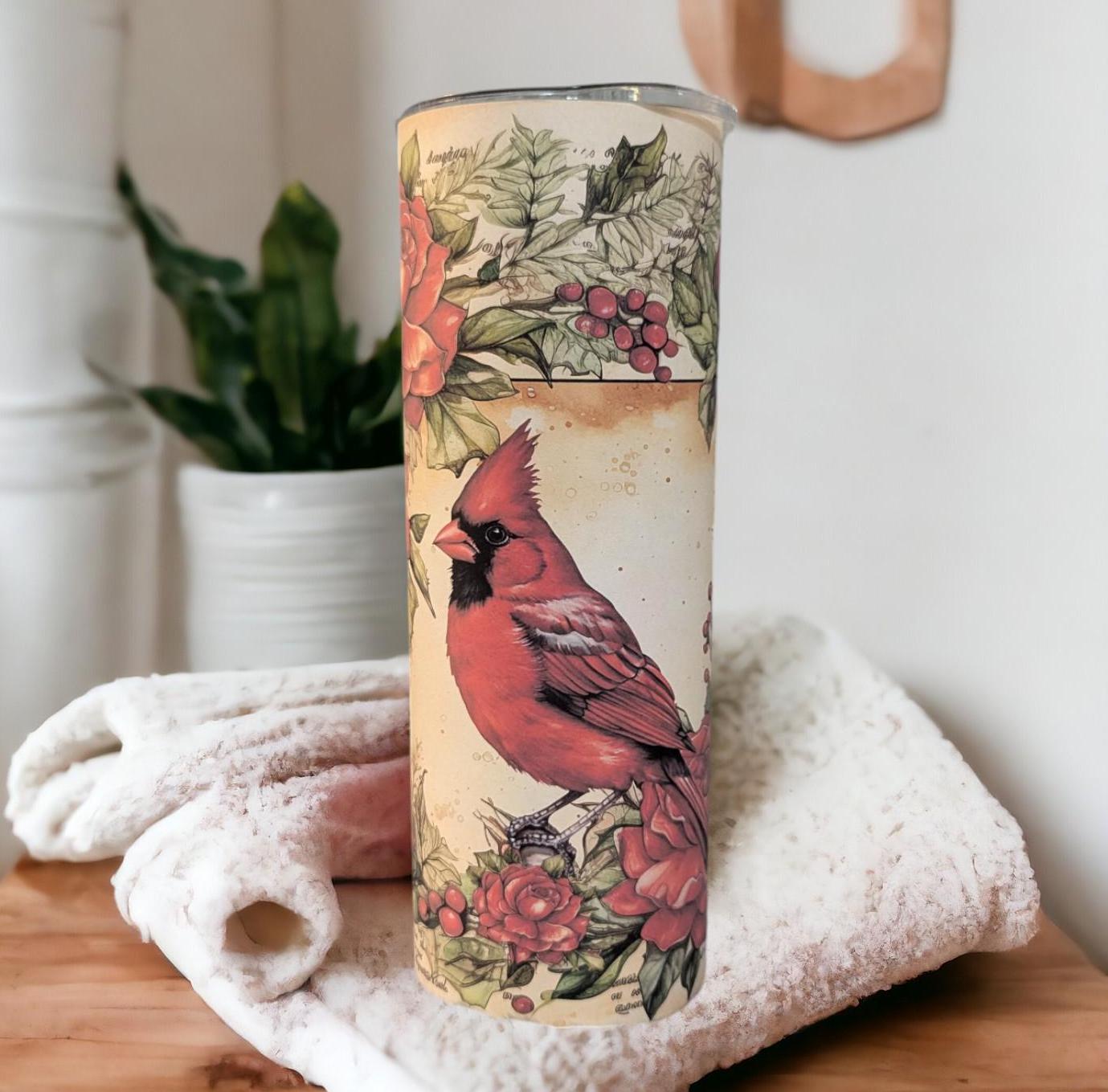 Cardinal With A Journal Page Background Tumbler, Can Be Personalized, Red Cardinal Tumbler, Cardinal Cup, Gift For Her