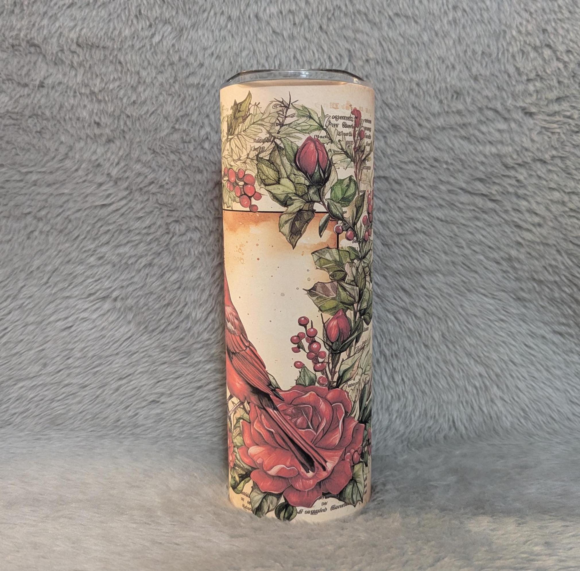 Cardinal With A Journal Page Background Tumbler, Can Be Personalized, Red Cardinal Tumbler, Cardinal Cup, Gift For Her