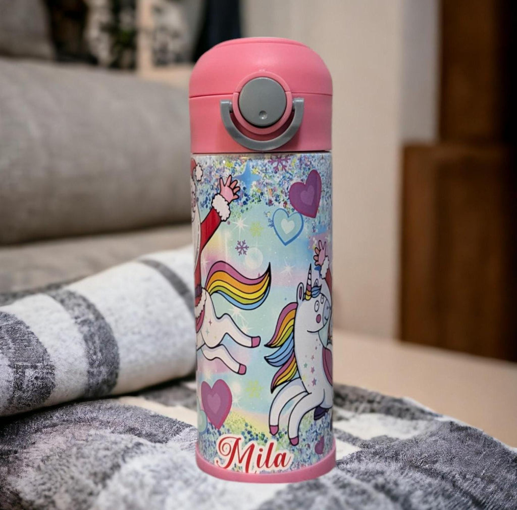 Santa With Unicorns Kids Water Bottle 12oz With Reusable Straw Can Be Personalized