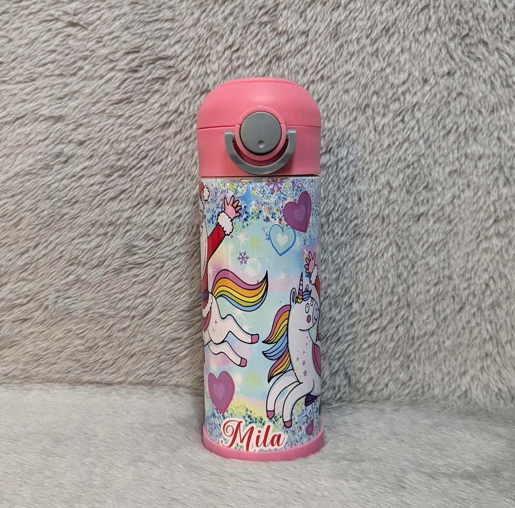 Santa With Unicorns Kids Water Bottle 12oz With Reusable Straw Can Be Personalized