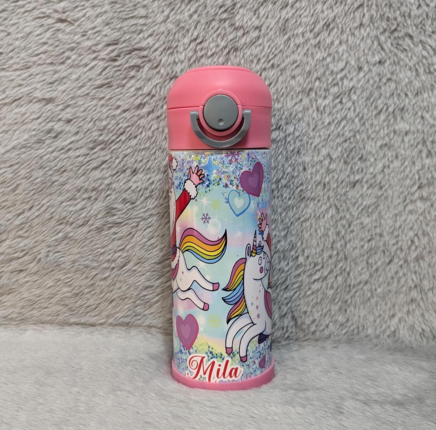 Santa With Unicorns Kids Water Bottle 12oz With Reusable Straw Can Be Personalized