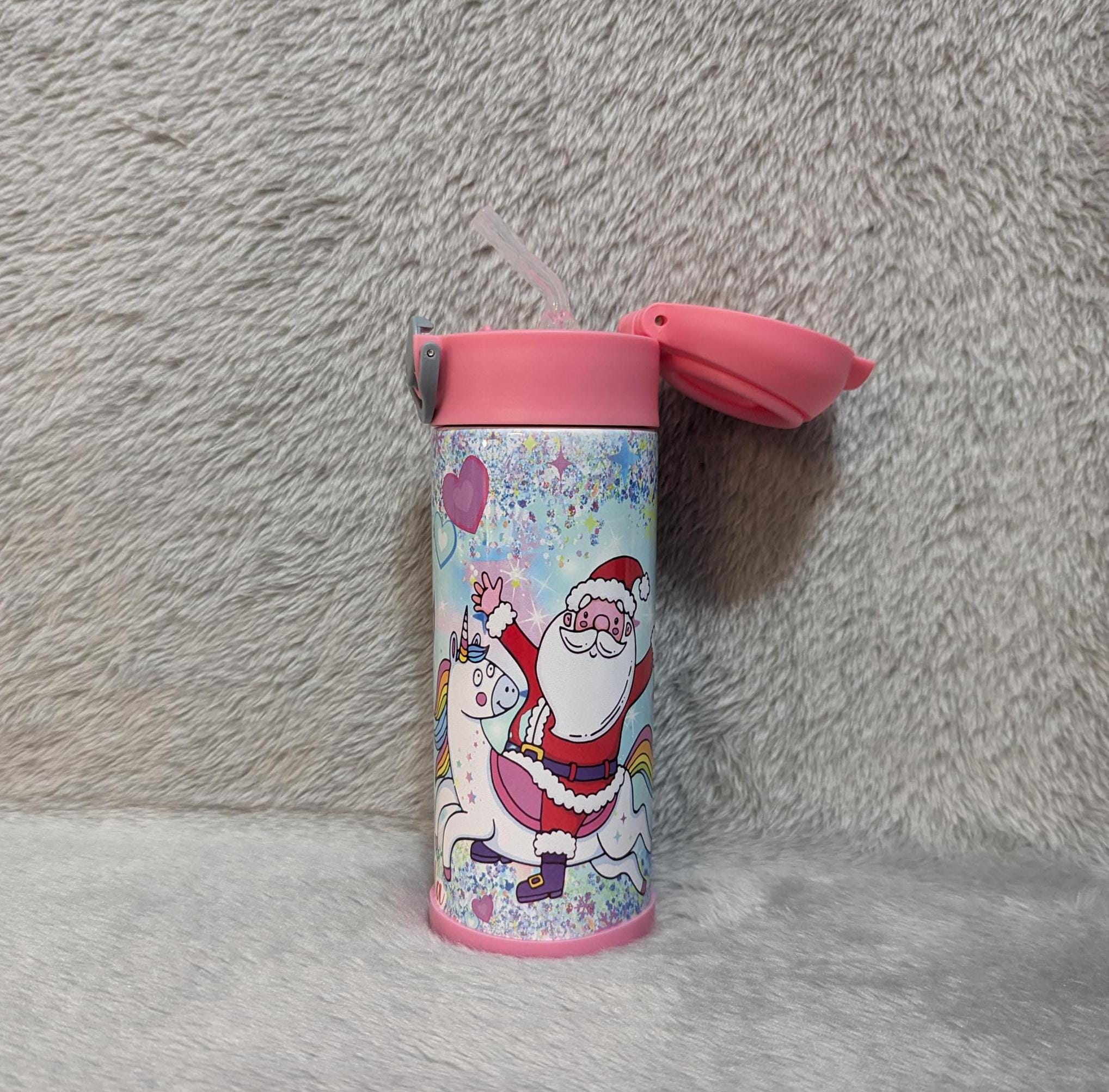Santa With Unicorns Kids Water Bottle 12oz With Reusable Straw Can Be Personalized