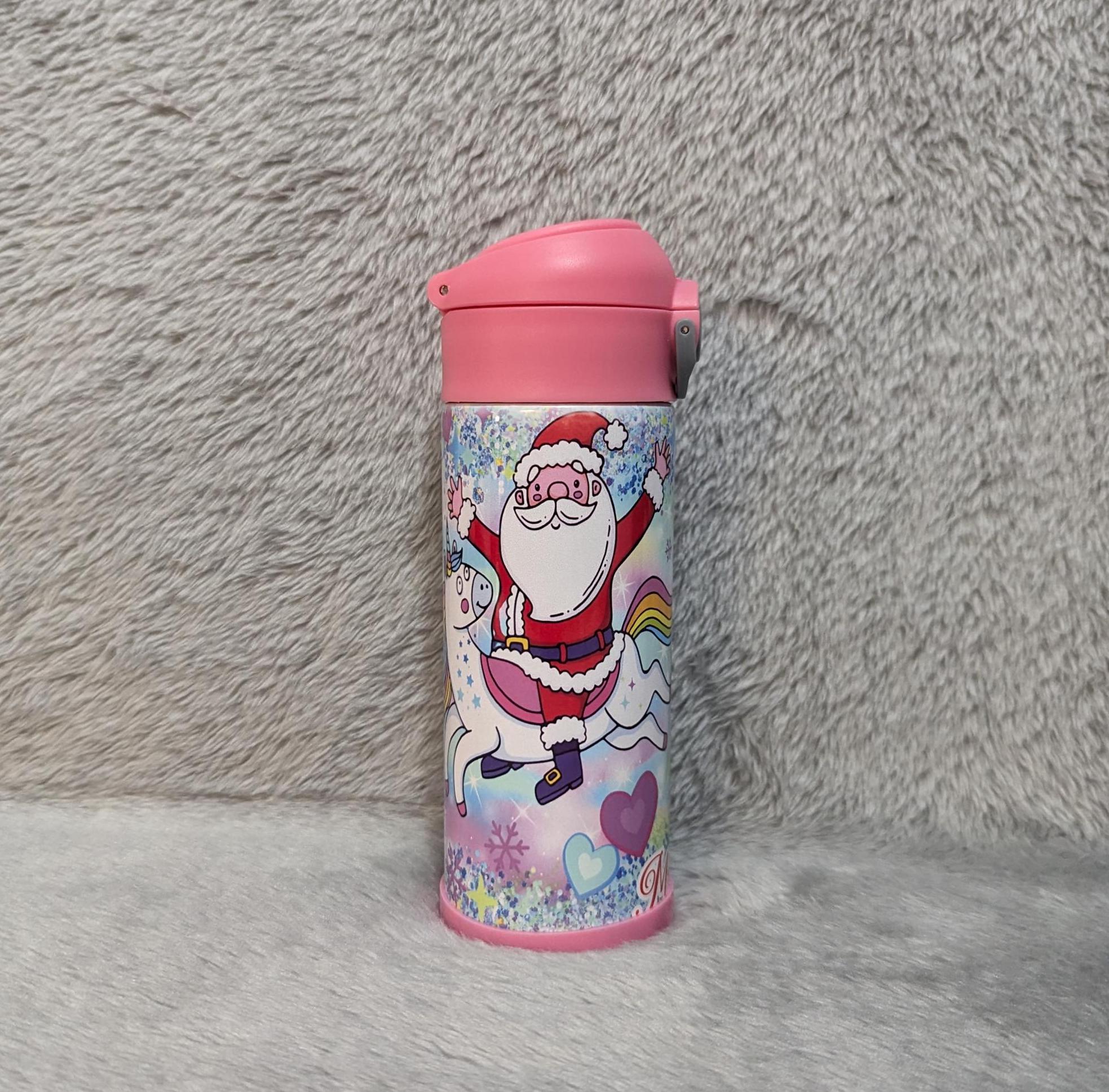 Santa With Unicorns Kids Water Bottle 12oz With Reusable Straw Can Be Personalized