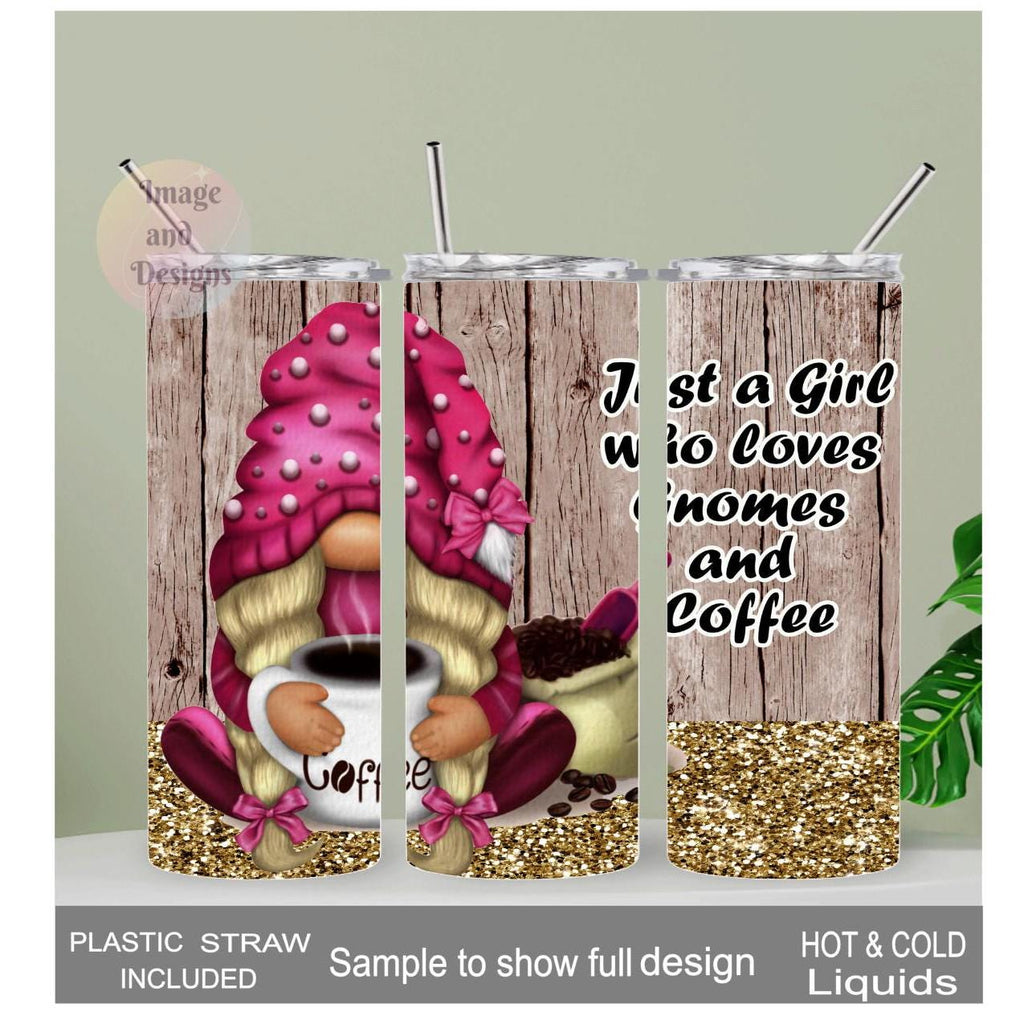 Just A Girl Who Loves Gnomes and Coffee Tumbler Can Be Personalized, Includes A Reusable Straw, Perfect for Gnome and Coffee Lovers