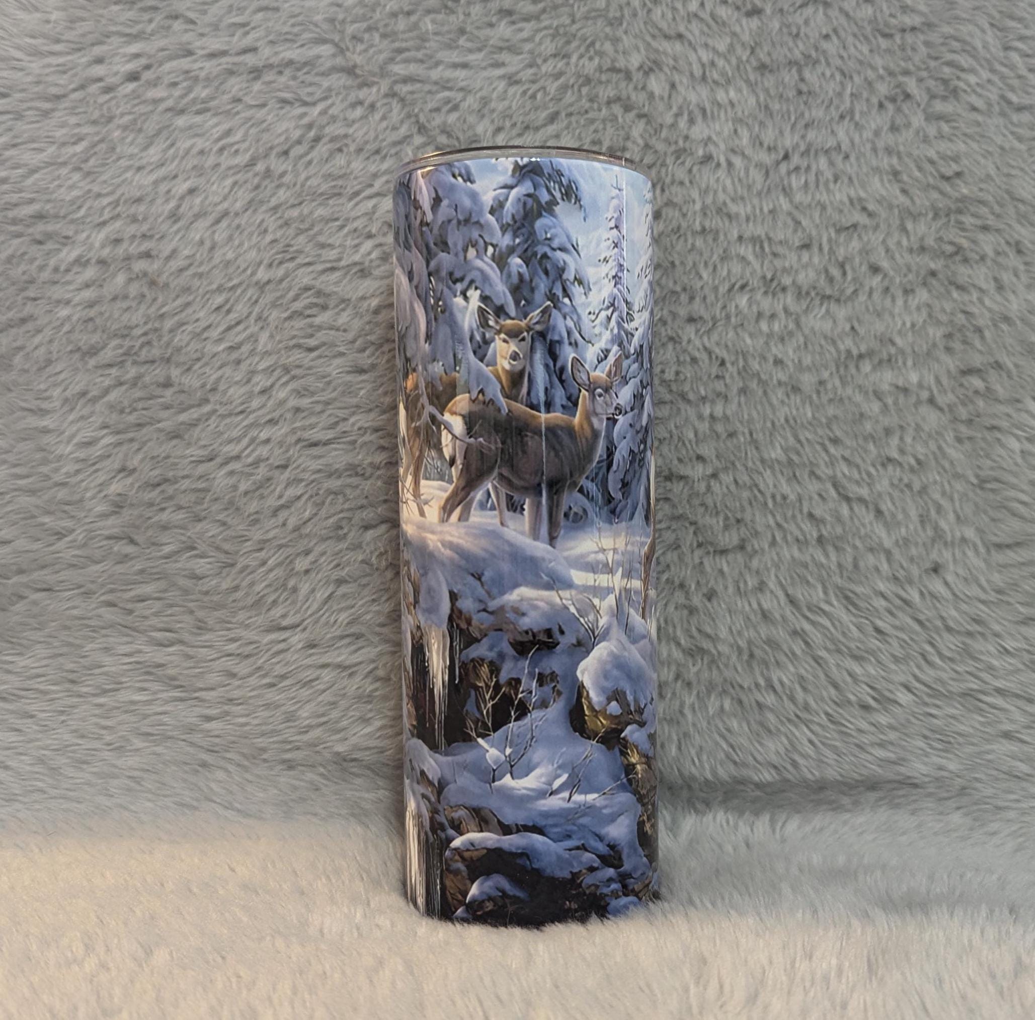 Beautiful Deer Tumbler With Deer In The Snow, Hunters Tumbler, Deer Cup With Name, Gift For Him, Gift For Her, Personalized Deer Tumbler