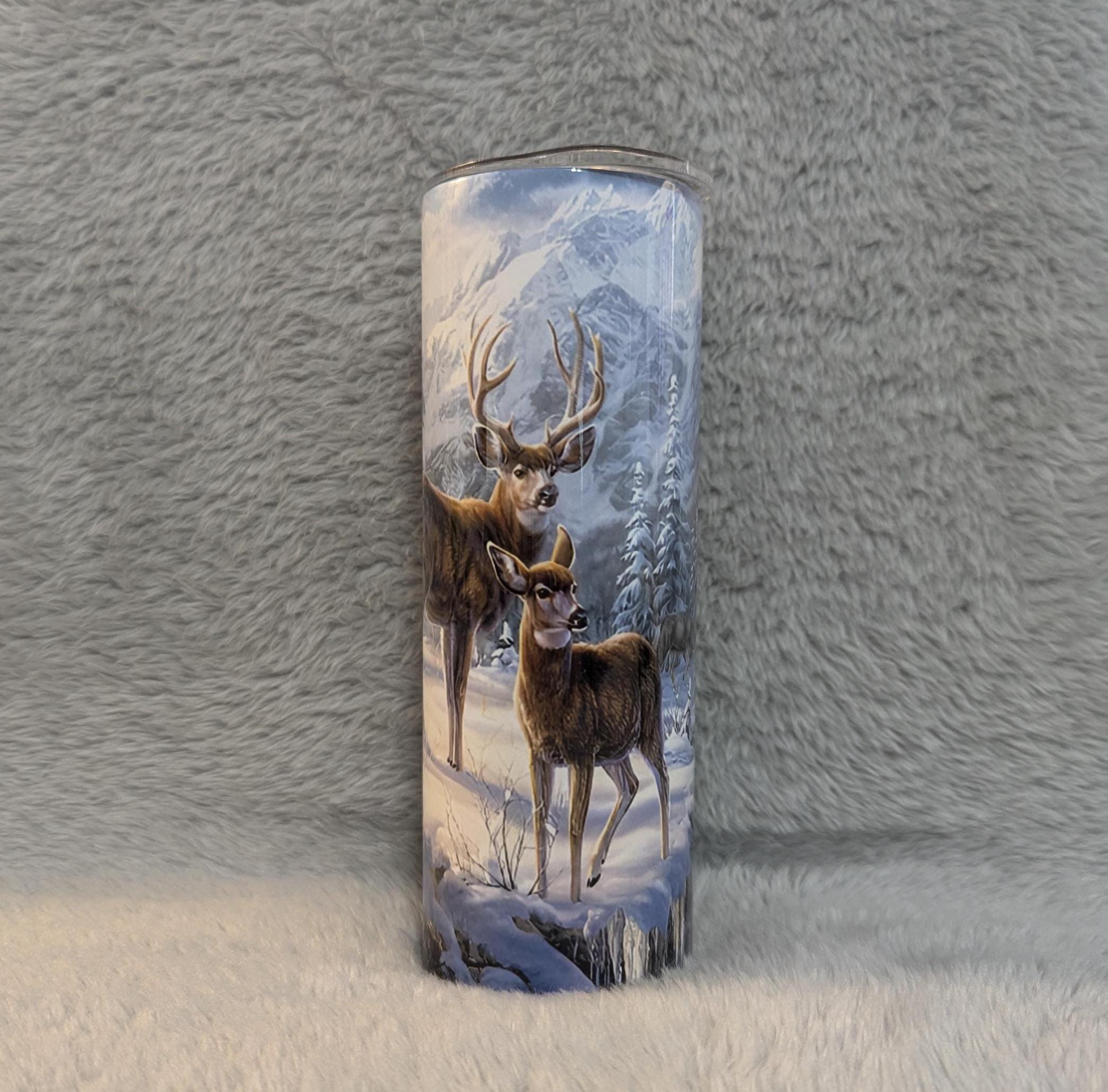 Beautiful Deer Tumbler With Deer In The Snow, Hunters Tumbler, Deer Cup With Name, Gift For Him, Gift For Her, Personalized Deer Tumbler