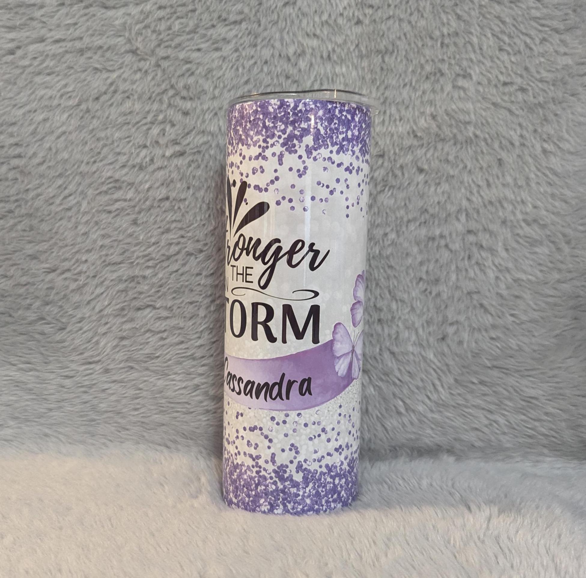 Stronger Than the Storm Tumbler with A Ribbon Butterflies and Glitter Design, Purple Ribbon, Show Her Your Support, Includes Reusable Straw