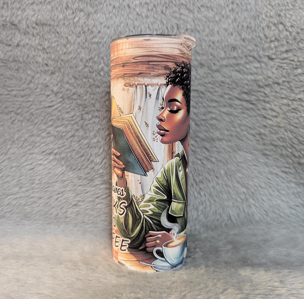 Just A Girl Who Loves Books and Coffee Tumbler, Includes A Reusable Straw, Gift For Book Reader and Coffee Lovers, 20oz Skinny Tumbler