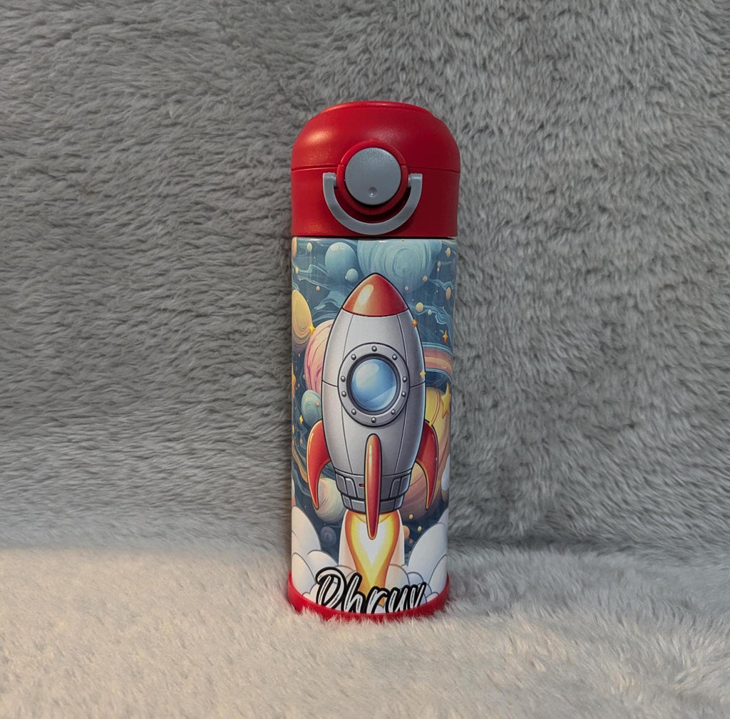 Kids Cartoon Rocket Design Water Bottle 12oz With Reusable Straw Can Be Personalized