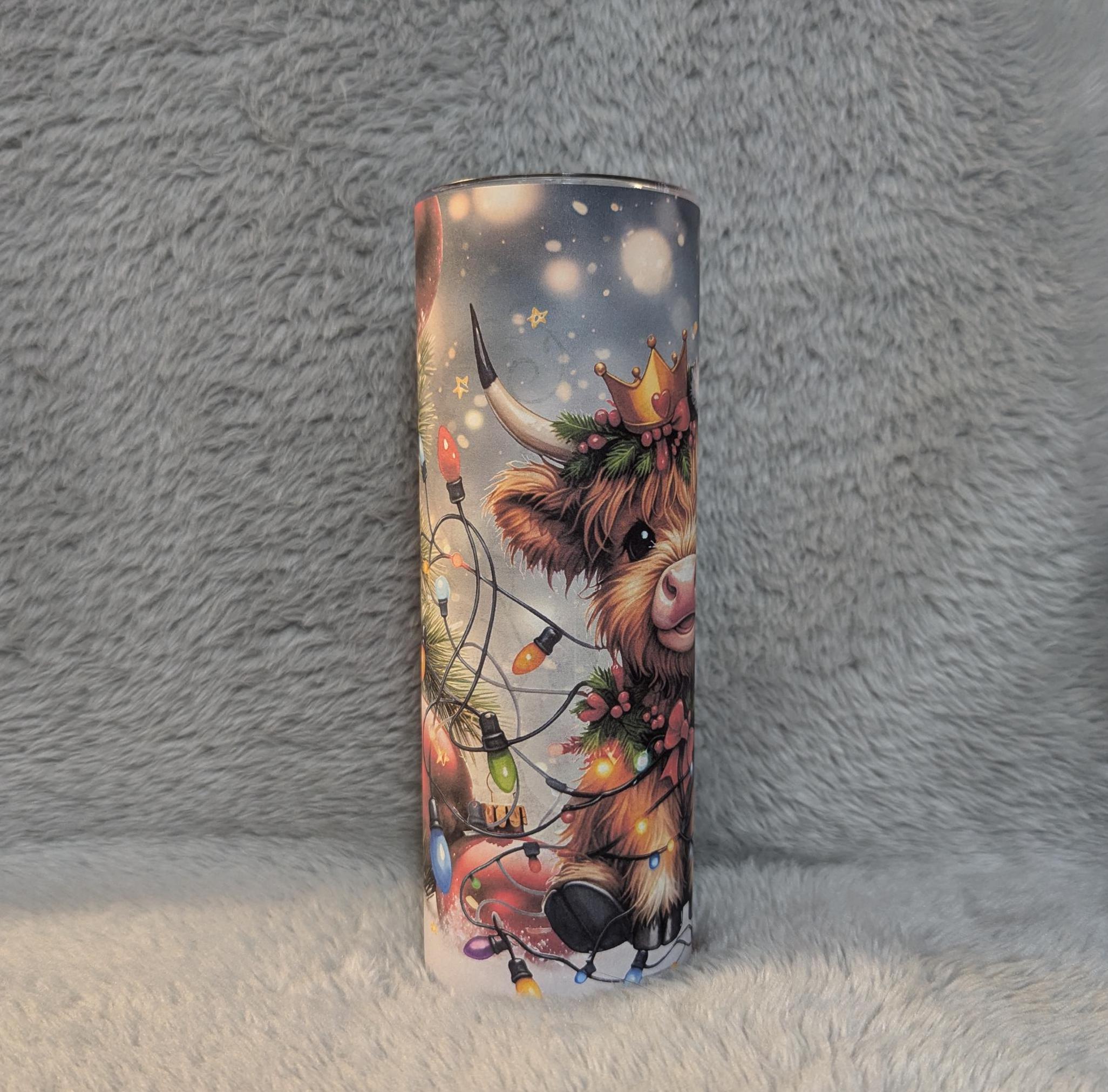 Cute Highland Cow Christmas Tumbler Can Be Personalized, Includes A Reusable Straw, For Hot Cold Beverages