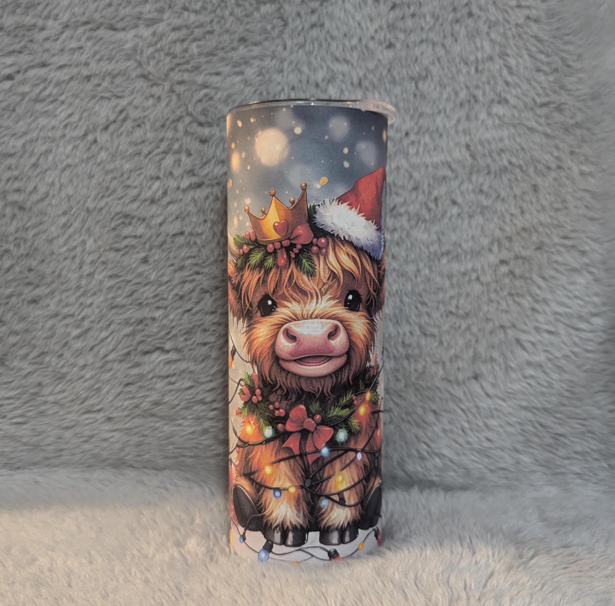 Cute Highland Cow Christmas Tumbler Can Be Personalized, Includes A Reusable Straw, For Hot Cold Beverages