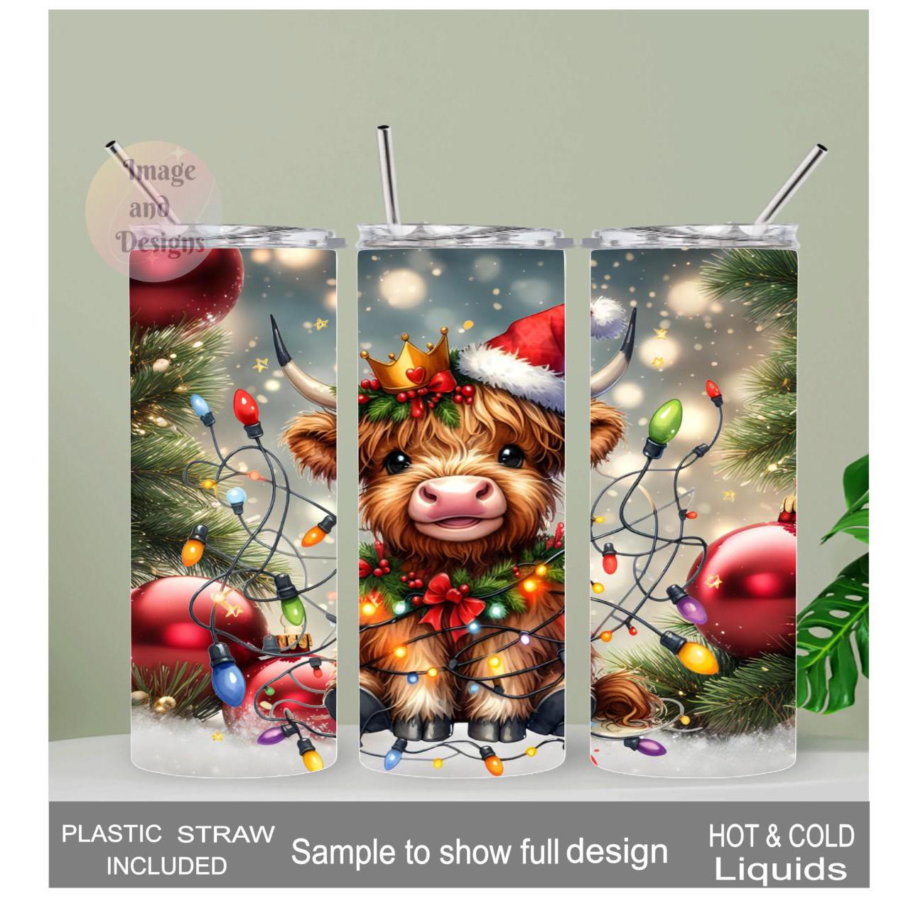 Cute Highland Cow Christmas Tumbler Can Be Personalized, Includes A Reusable Straw, For Hot Cold Beverages