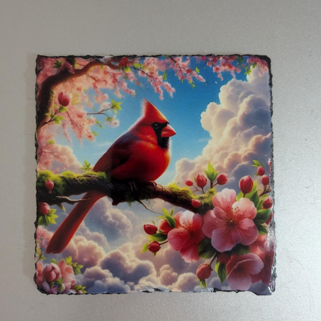 Floral Slate Cardinal Picture With Display Legs