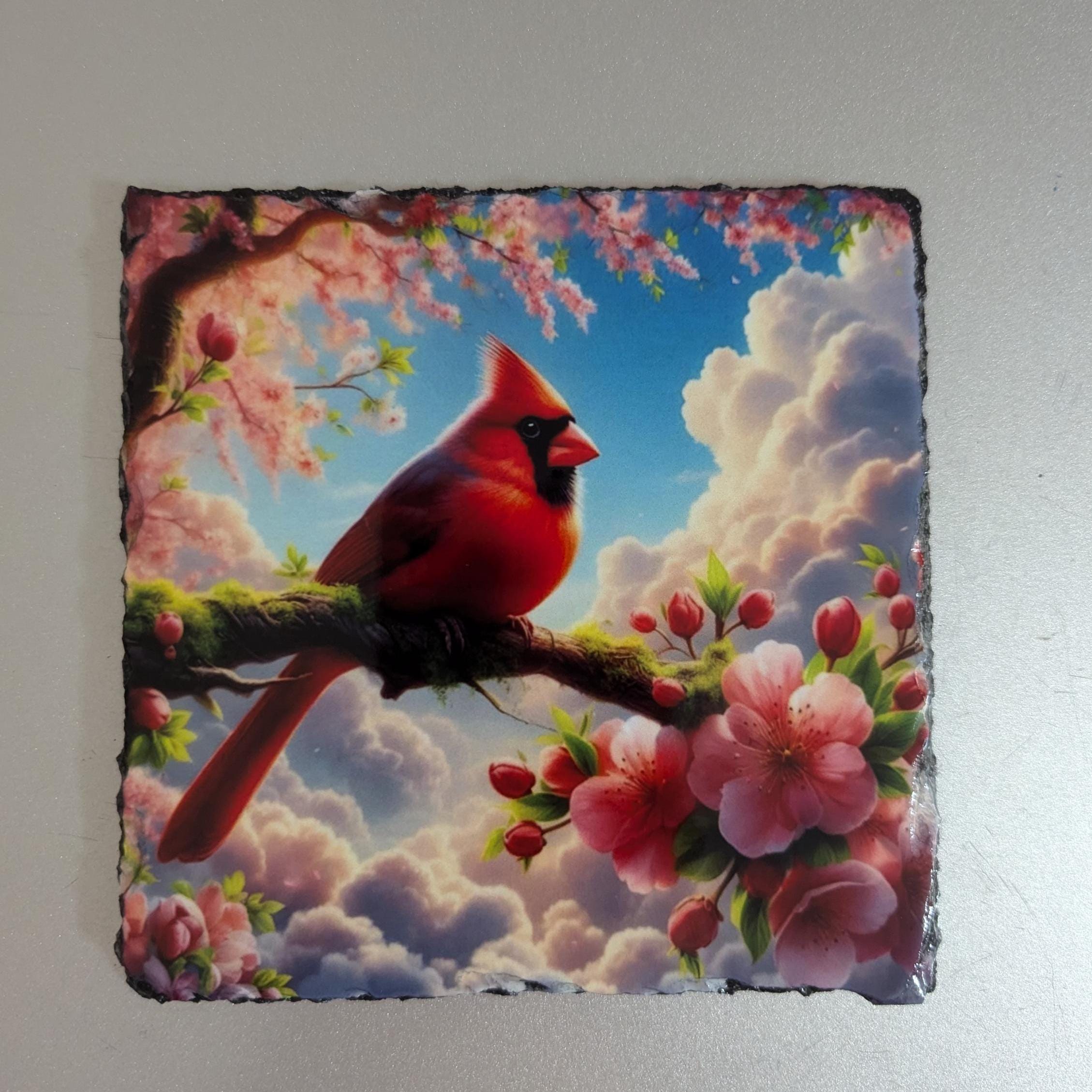 Floral Slate Cardinal Picture With Display Legs