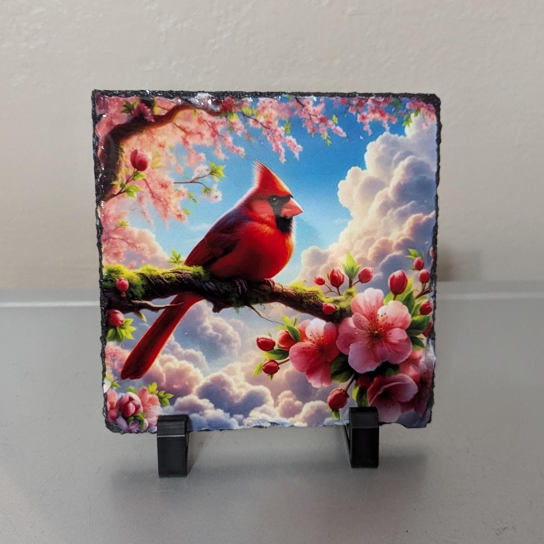 Floral Slate Cardinal Picture With Display Legs