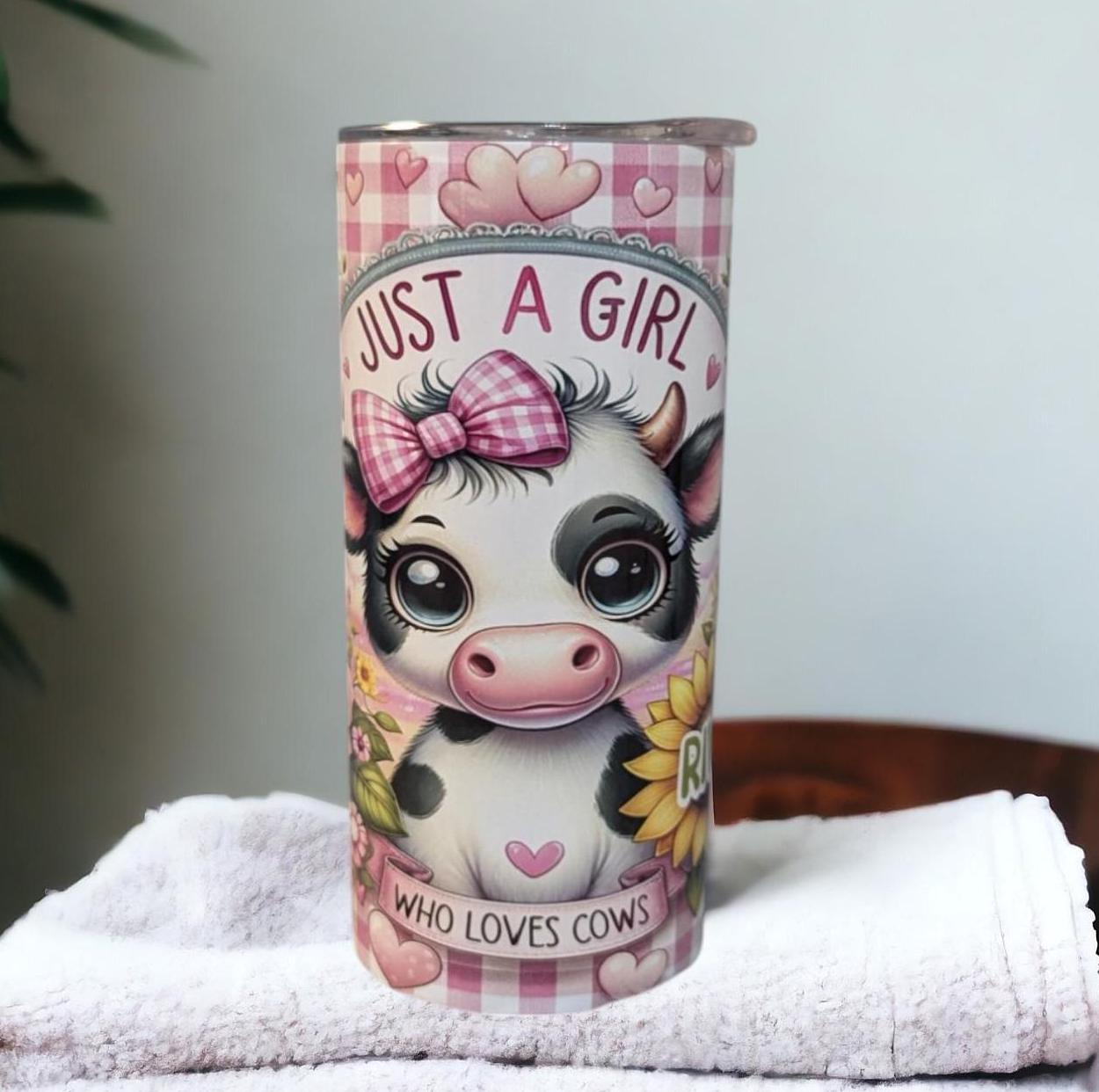 Just A Girl Who Loves Cows Kids Tumbler 15oz With Reusable Straw, Can Be Personalized