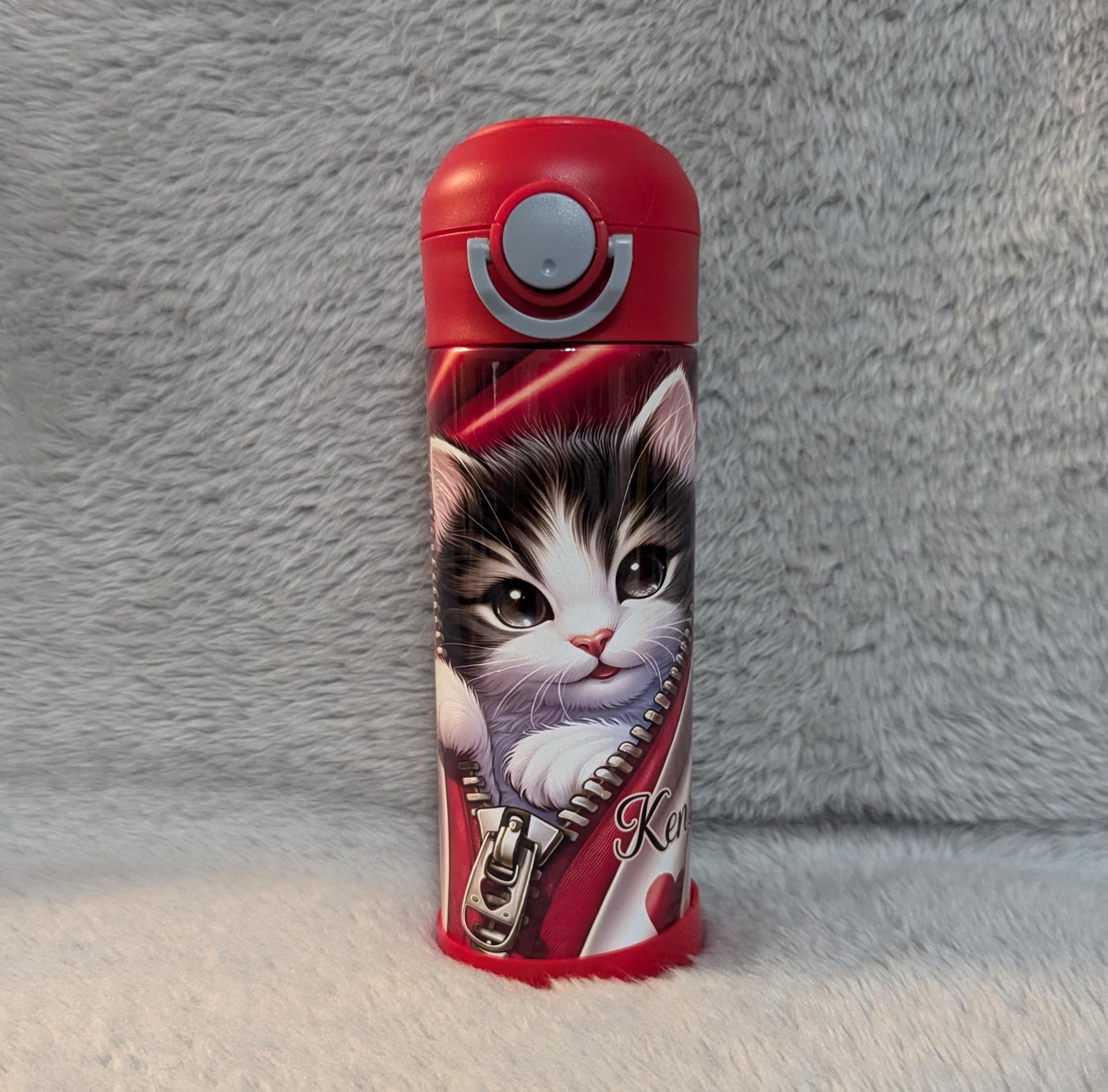 Adorable Kids Kitten Water Bottle 12oz With Reusable Straw Can Be Personalized