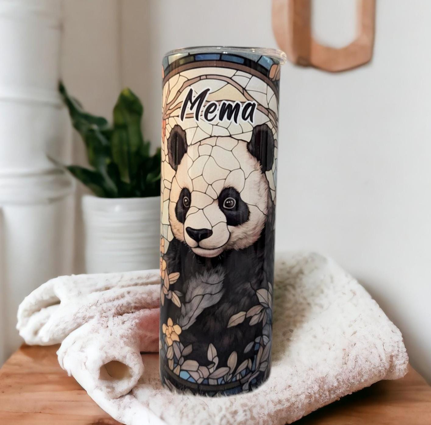Panda Bear Tumbler With A Stained Glass Design 20oz With Reusable Straw, Can Be Personalized