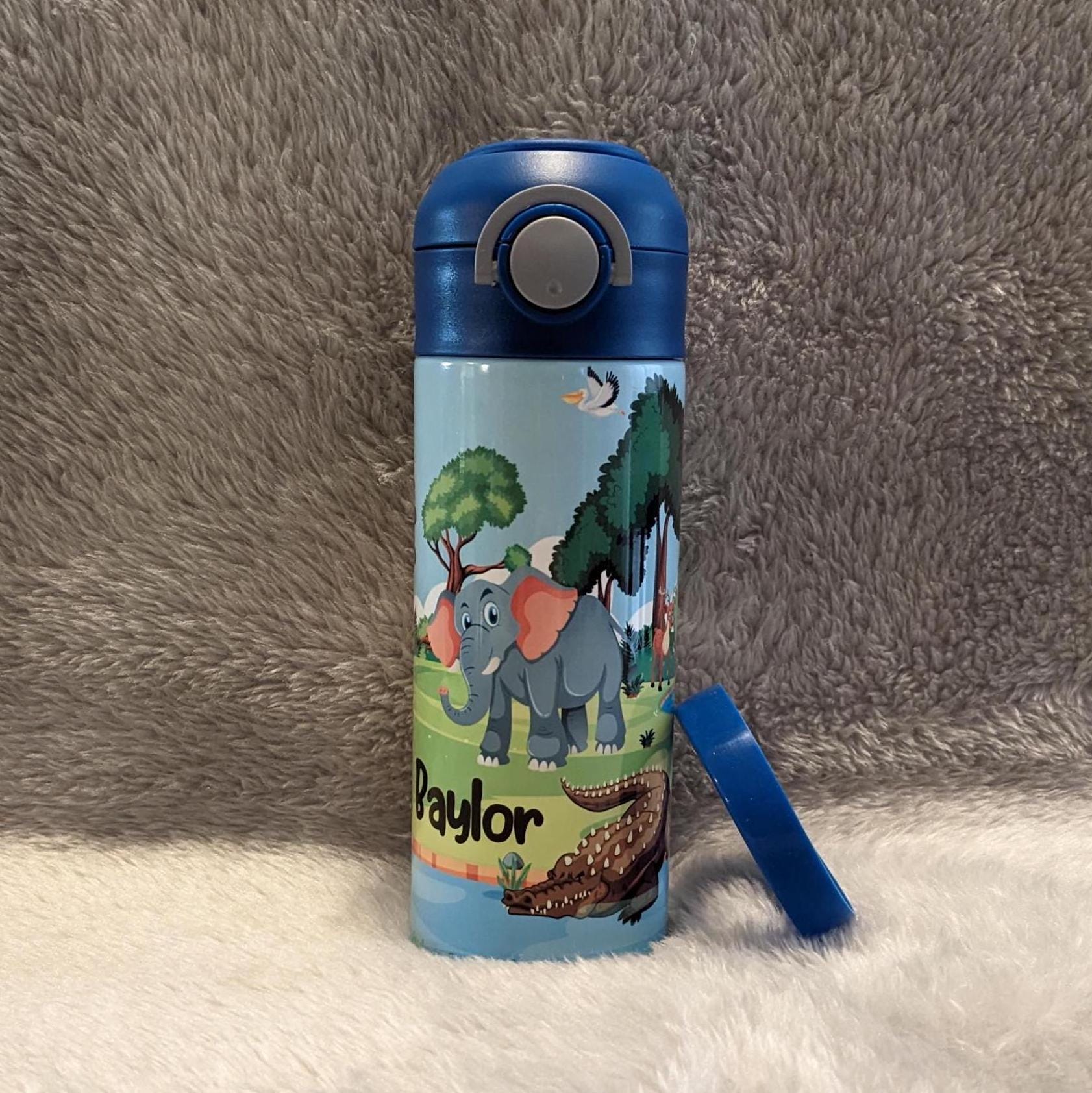 Kids Jungle Animal Water Bottle 12oz With Reusable Straw Can Be Personalized