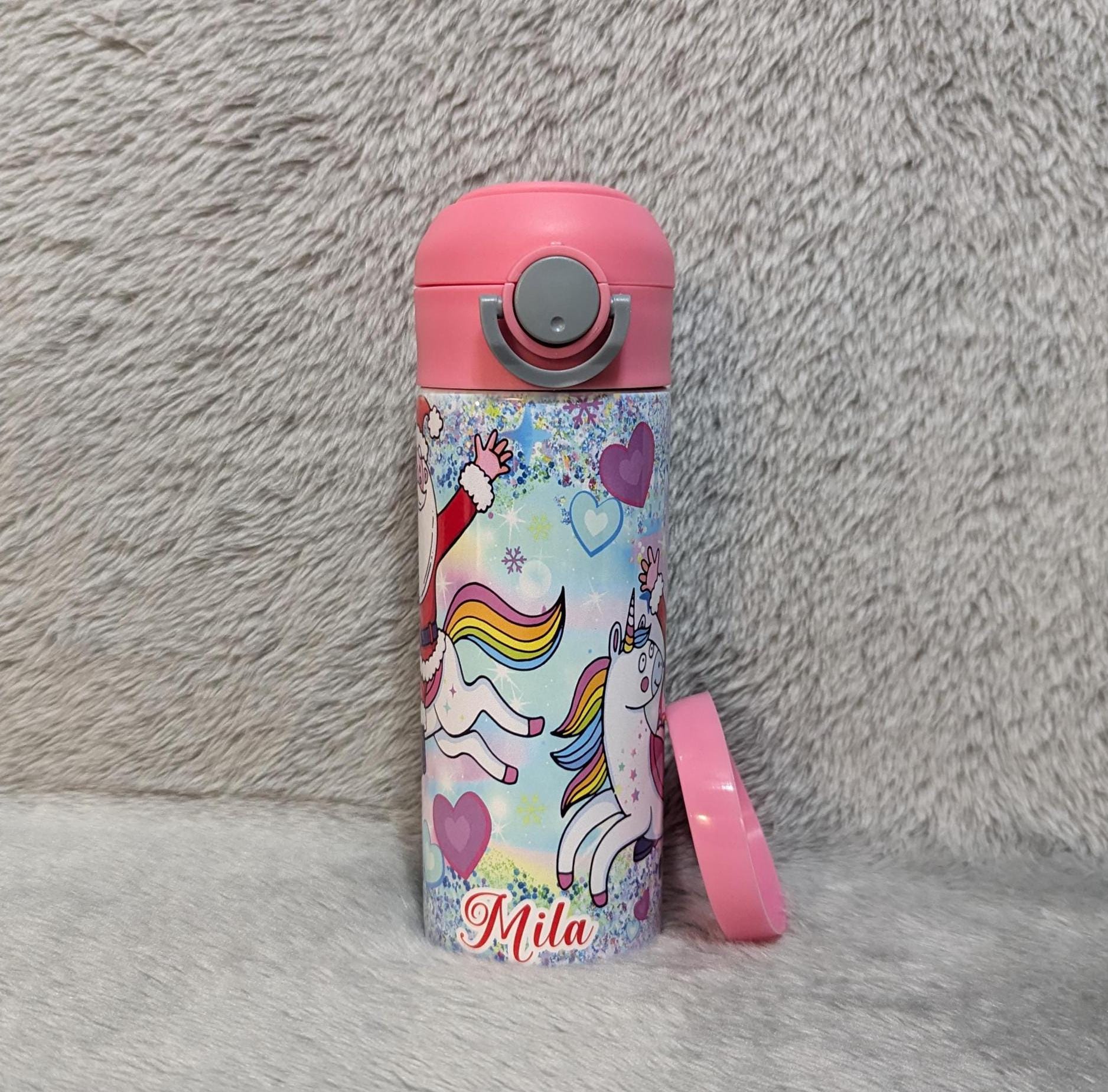 Santa With Unicorns Kids Water Bottle 12oz With Reusable Straw Can Be Personalized
