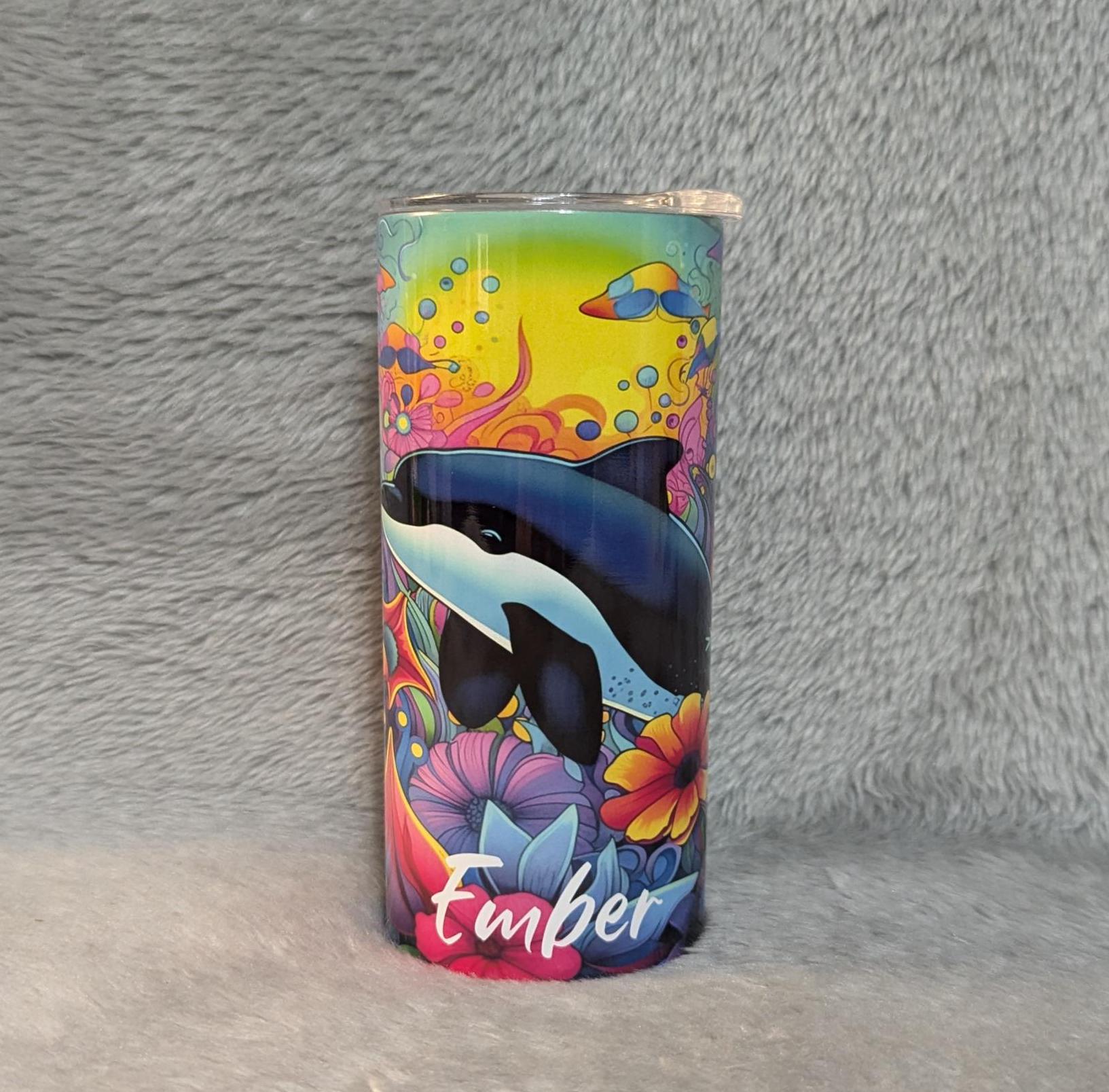 Neon Color Orca Whale Kids Tumbler Can Be Personalized - Brighten their day, Orca Whale Cup, Personalized Kids Travel Cup