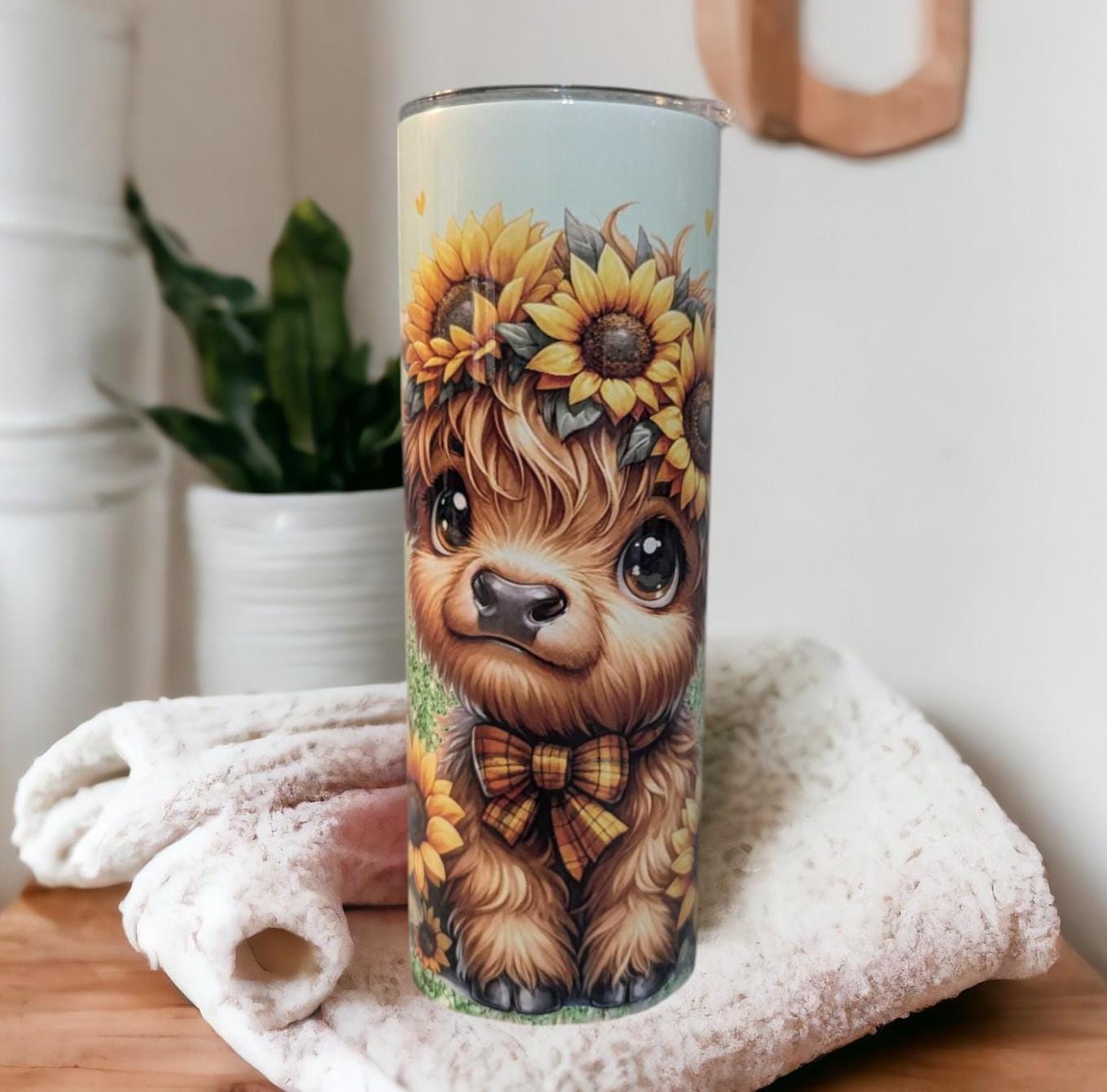 Sunflower Highland Cow Tumbler 20oz With Reusable Straw, Can Be Personalized