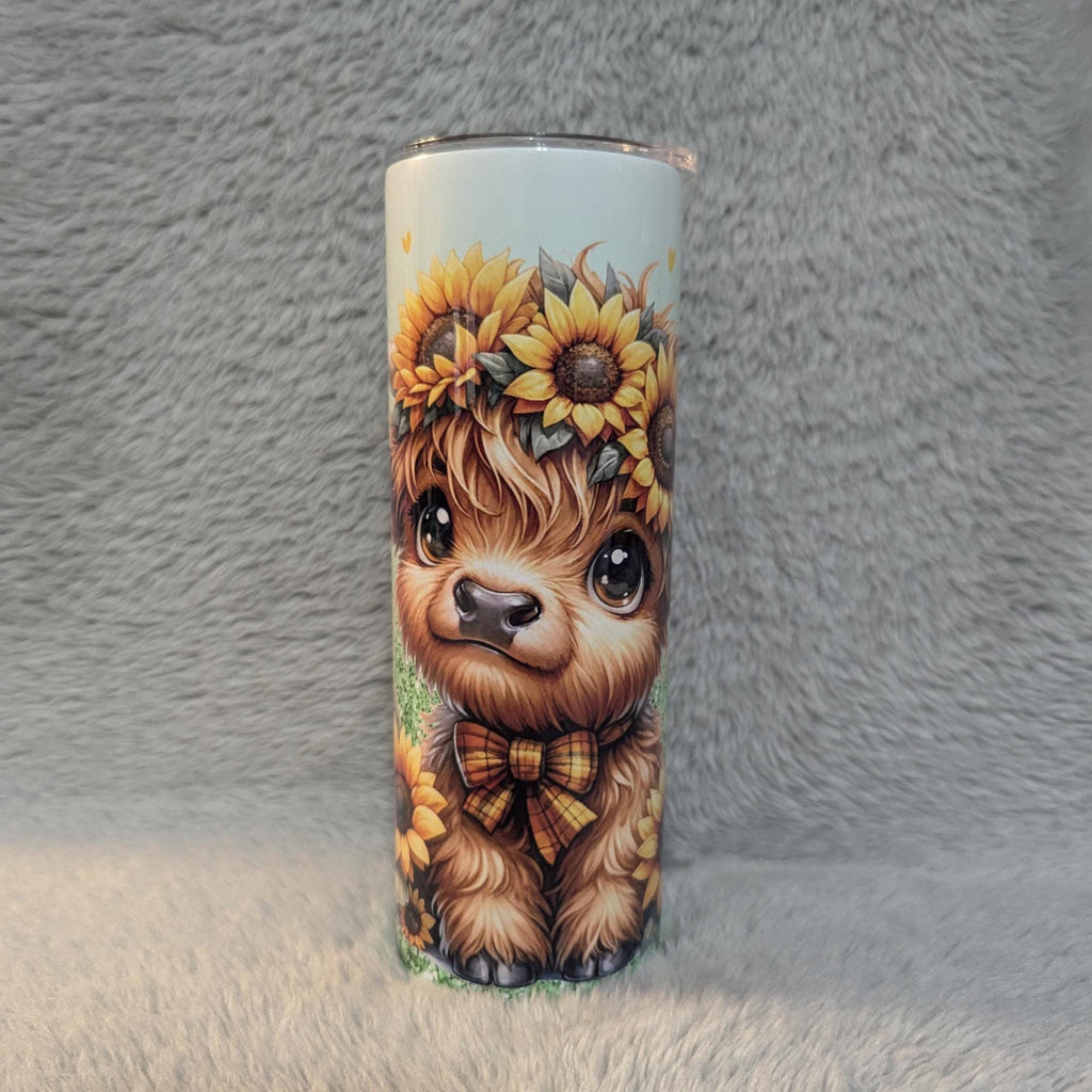 Sunflower Highland Cow Tumbler 20oz With Reusable Straw, Can Be Personalized
