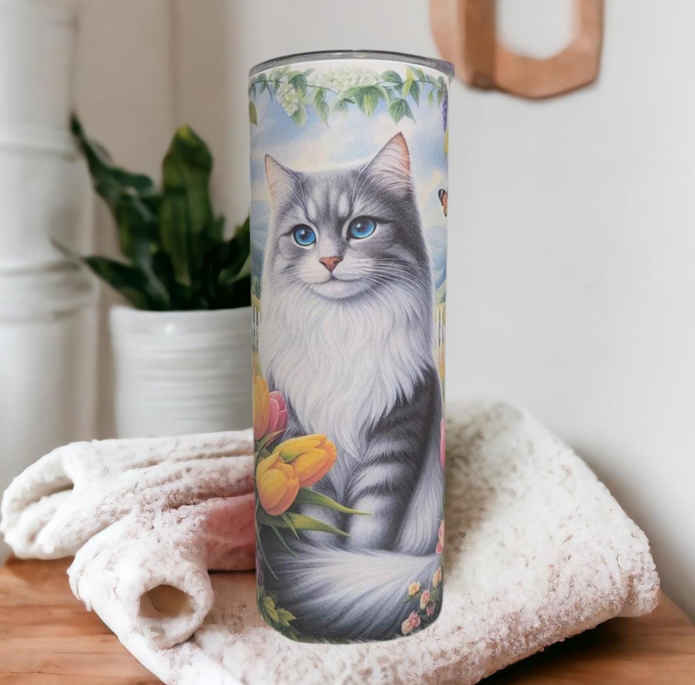 Floral Cat Tumbler 20oz With Reusable Straw, Can Be Personalized