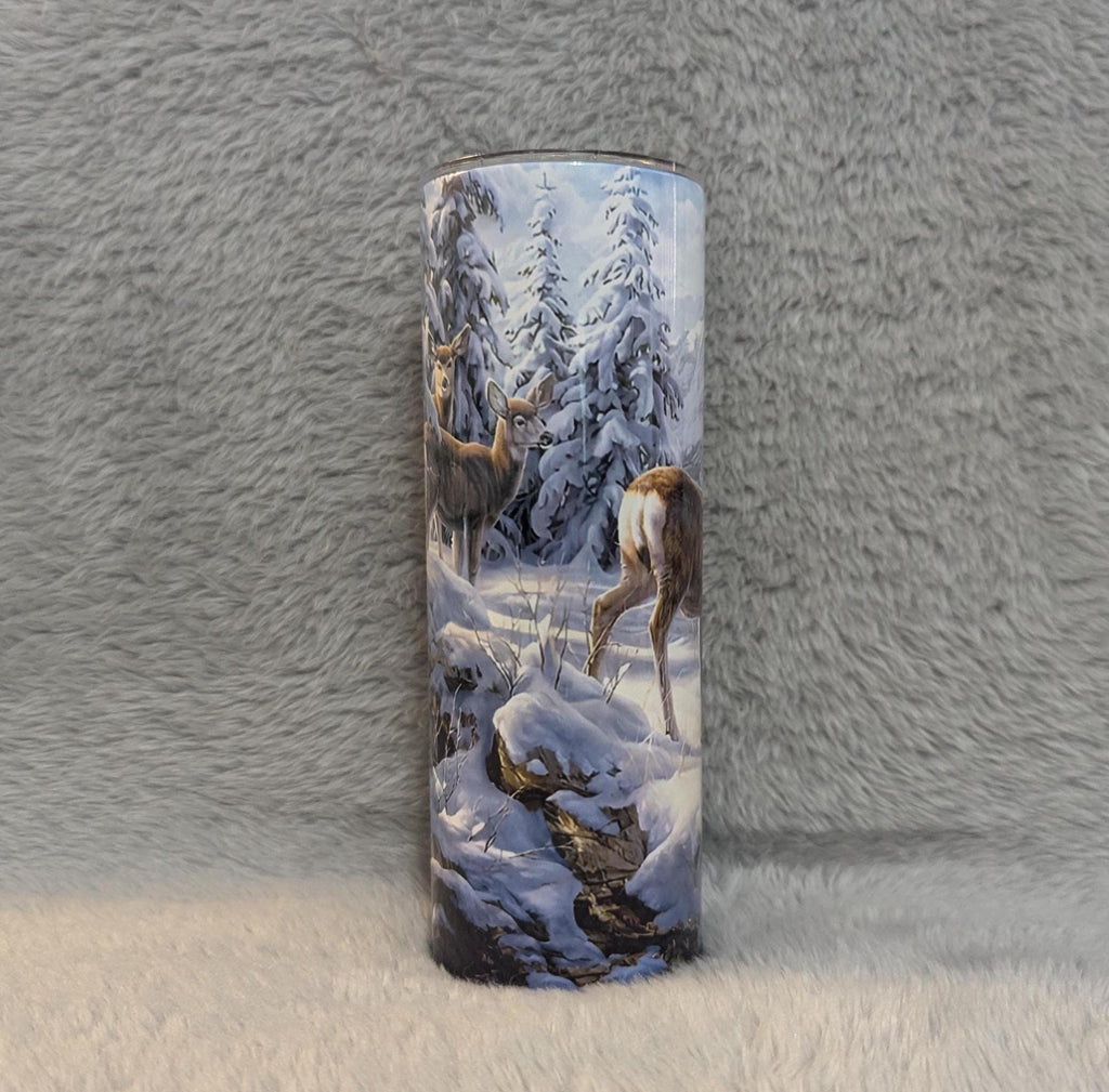 Beautiful Deer Tumbler With Deer In The Snow, Hunters Tumbler, Deer Cup With Name, Gift For Him, Gift For Her, Personalized Deer Tumbler