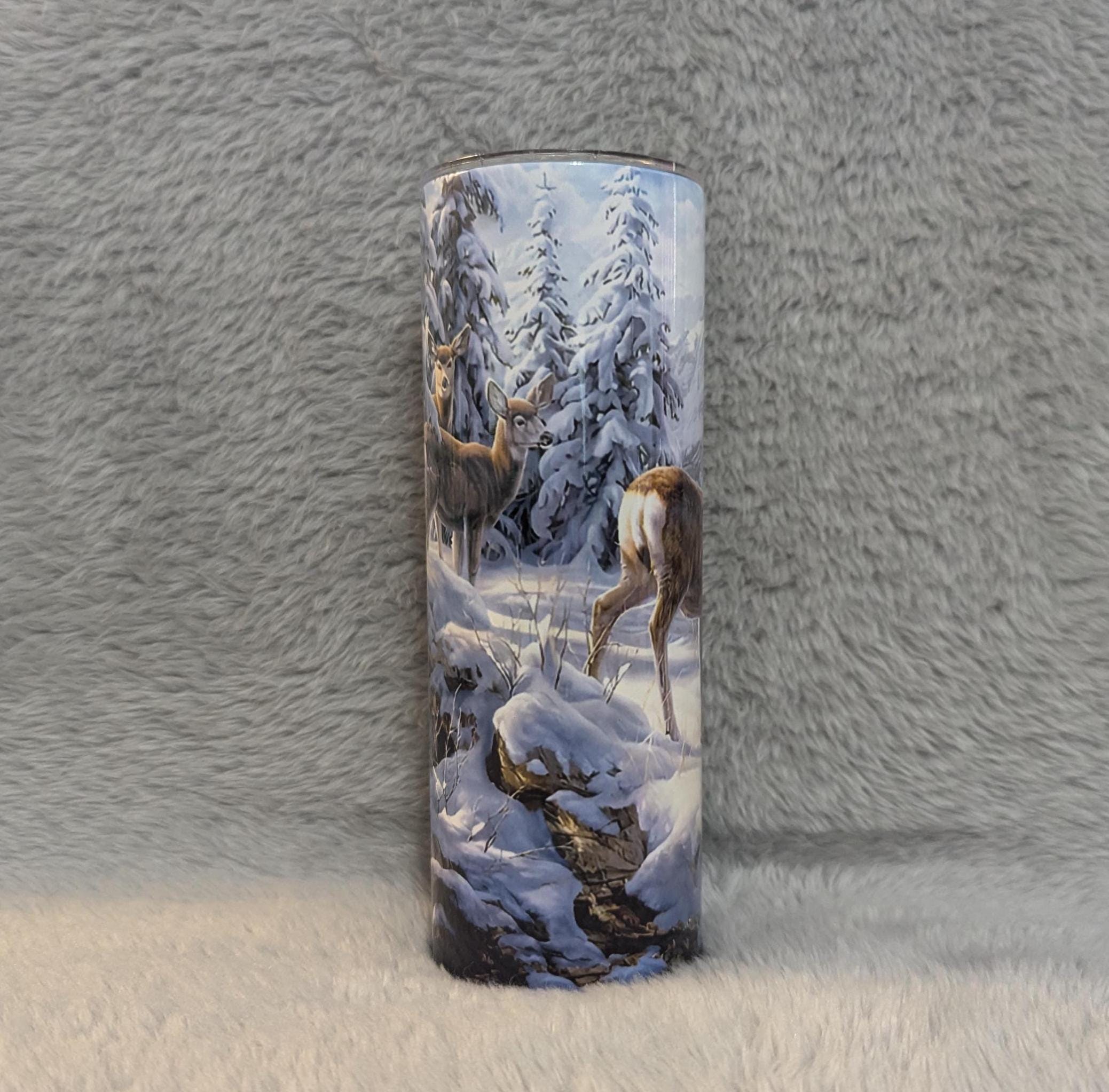Beautiful Deer Tumbler With Deer In The Snow, Hunters Tumbler, Deer Cup With Name, Gift For Him, Gift For Her, Personalized Deer Tumbler