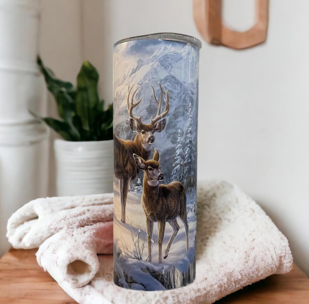 Beautiful Deer Tumbler With Deer In The Snow, Hunters Tumbler, Deer Cup With Name, Gift For Him, Gift For Her, Personalized Deer Tumbler