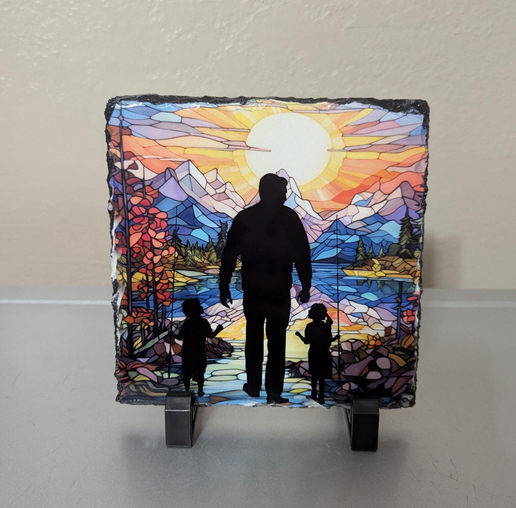 Father and Children Fishing Slate Picture With Display Legs