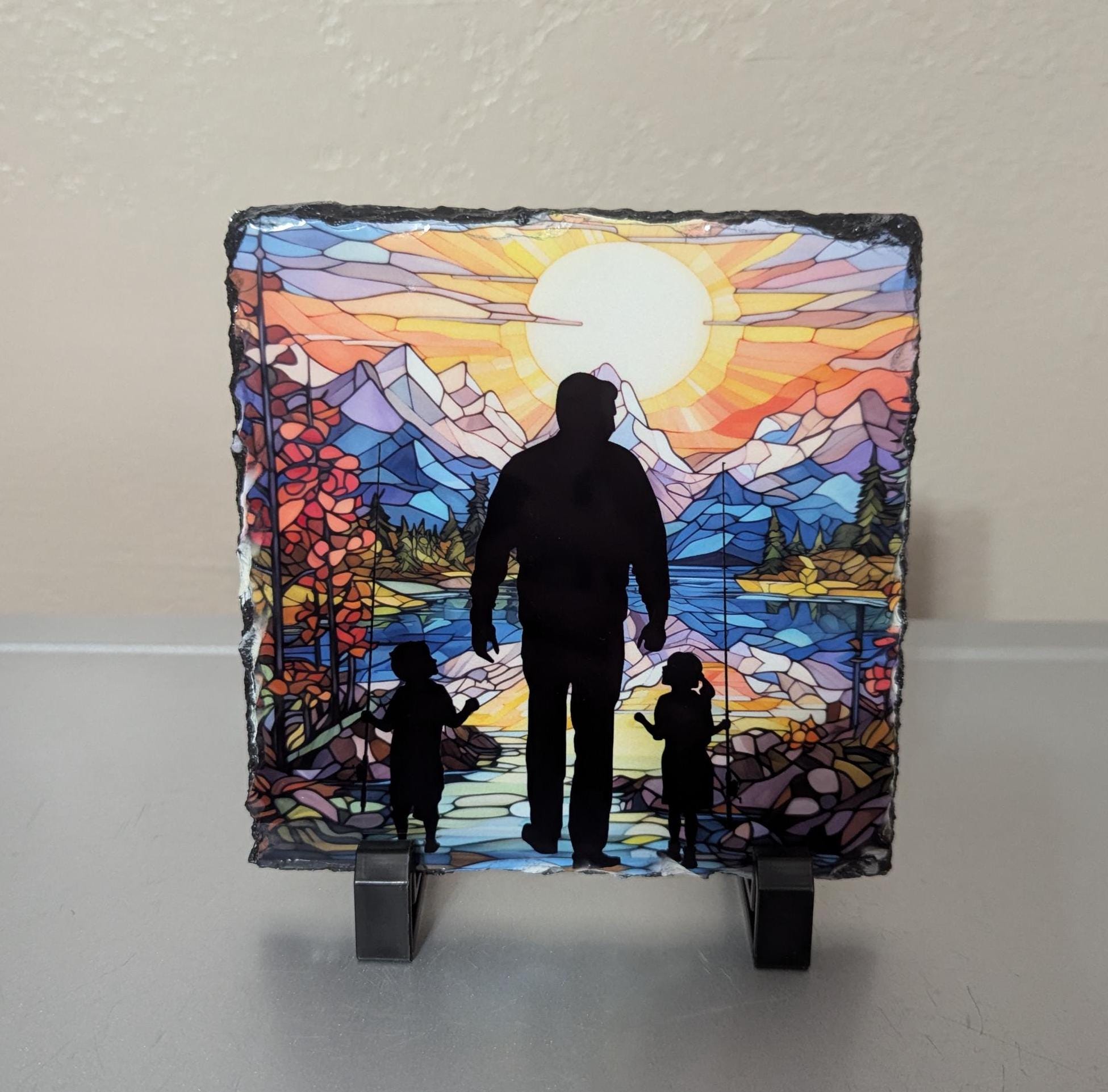Father and Children Fishing Slate Picture With Display Legs