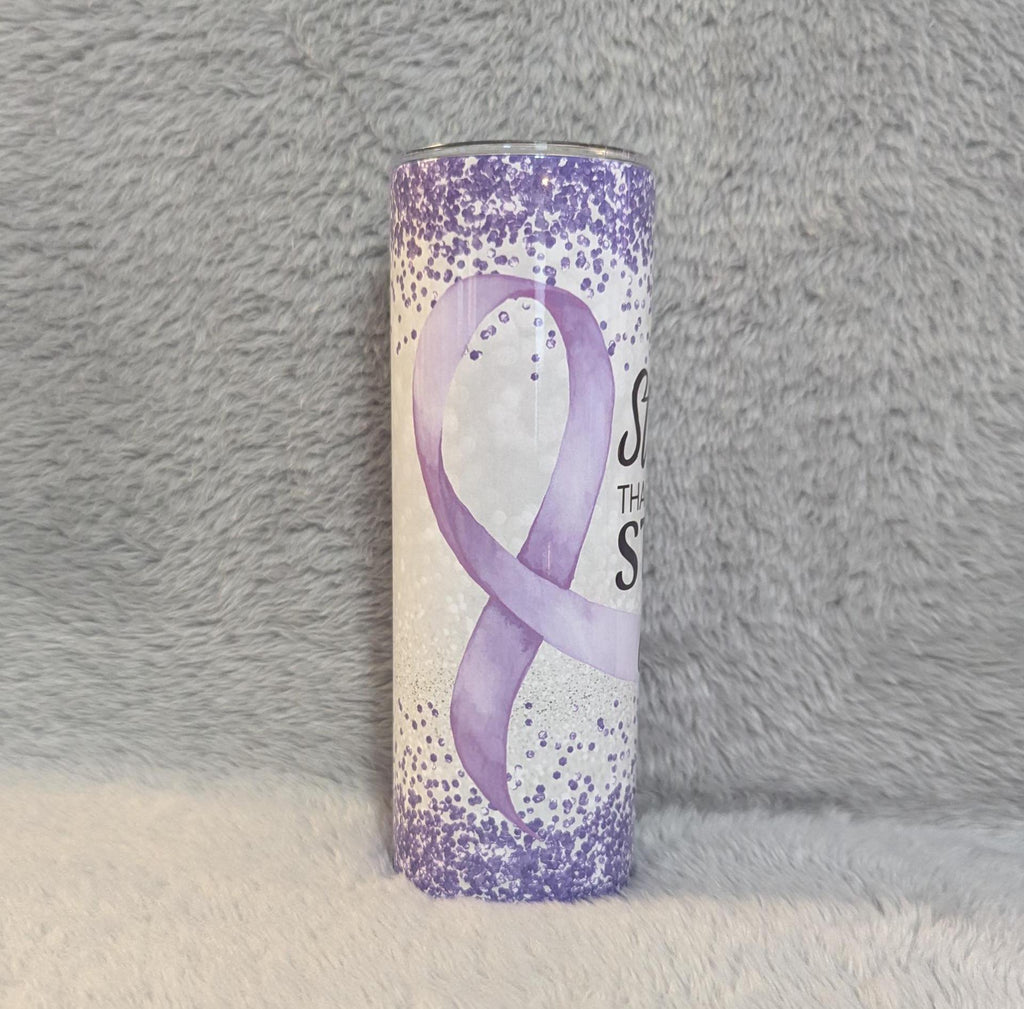 Stronger Than the Storm Tumbler with A Ribbon Butterflies and Glitter Design, Purple Ribbon, Show Her Your Support, Includes Reusable Straw