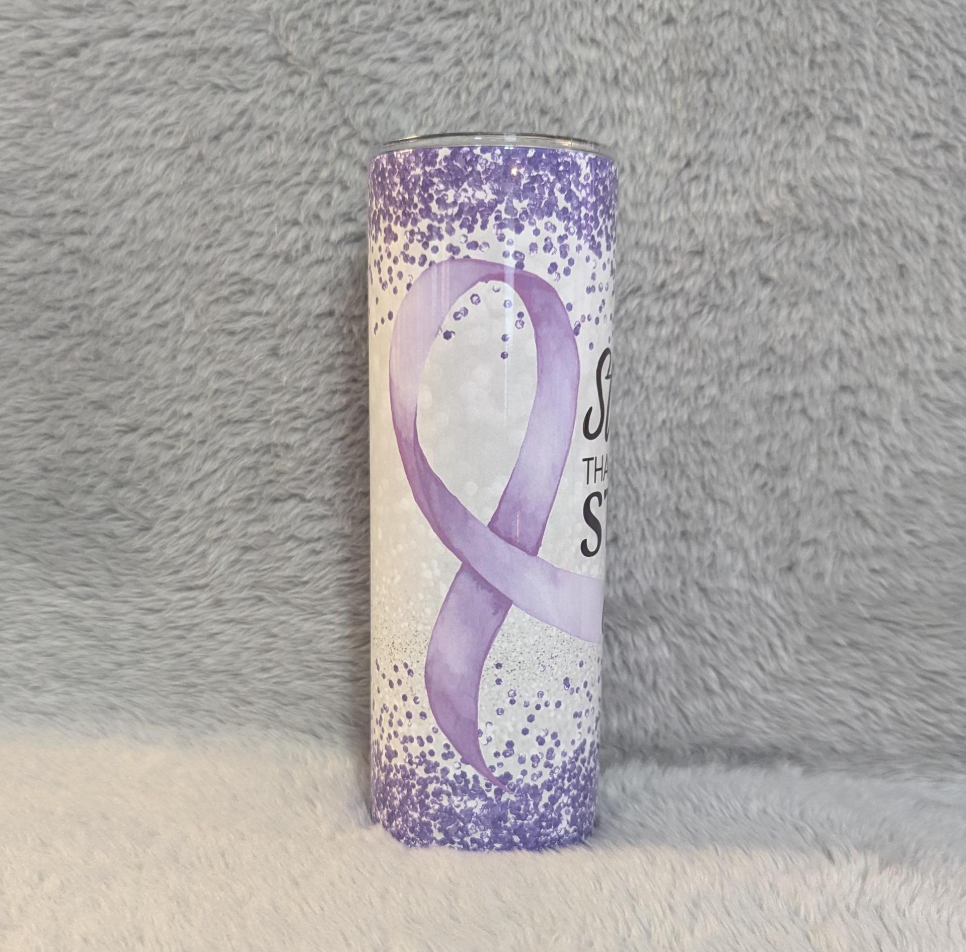 Stronger Than the Storm Tumbler with A Ribbon Butterflies and Glitter Design, Purple Ribbon, Show Her Your Support, Includes Reusable Straw